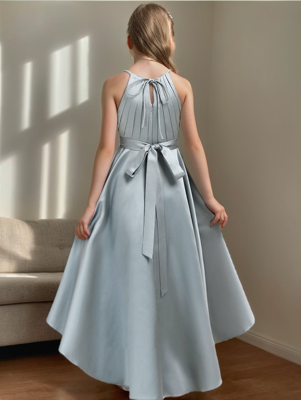 A-Line/Princess Halter Sleeveless High Low Junior Bridesmaid Dress With Pleats Black