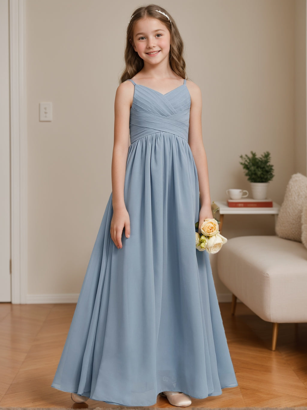 A-Line/Princess V-Neck Spaghetti Straps Junior Bridesmaid Dress with Pleats Dusty Blue