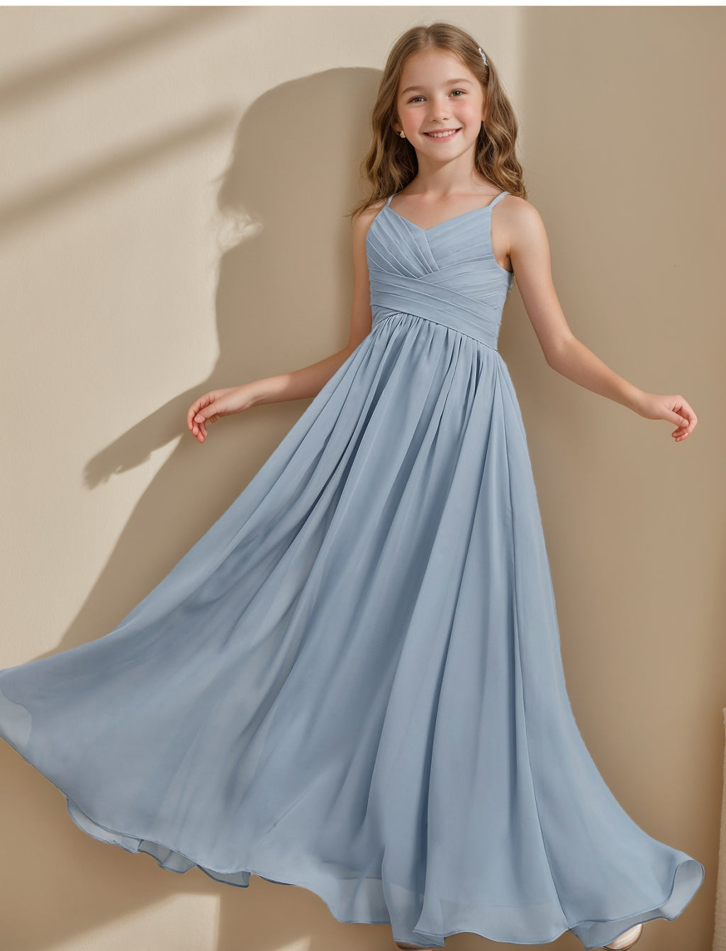 A-Line/Princess V-Neck Spaghetti Straps Junior Bridesmaid Dress with Pleats Regency