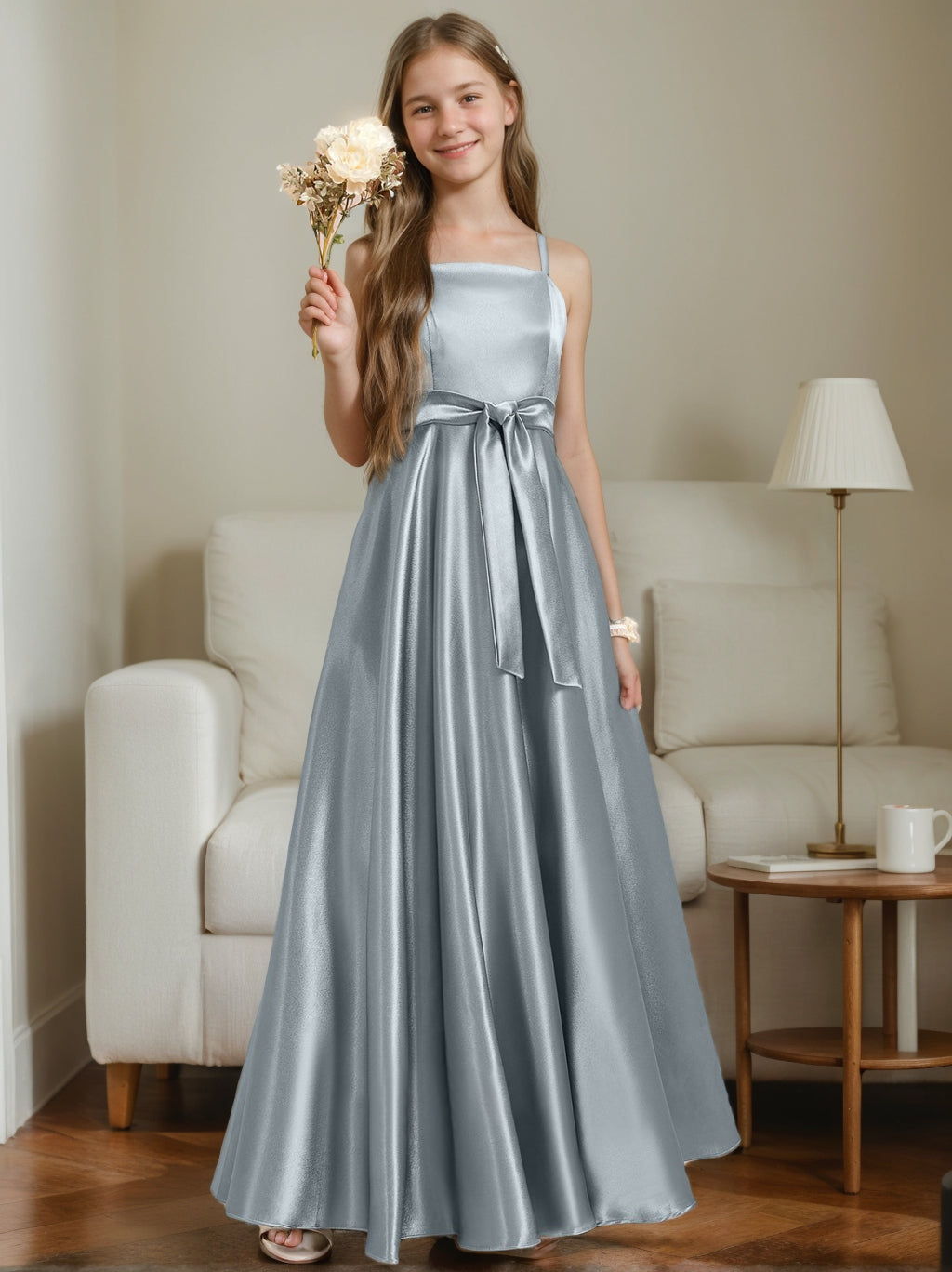 A-Line/Princess Spaghetti Straps Sleeveless Junior Bridesmaid Dresses with Sash Dusty Blue