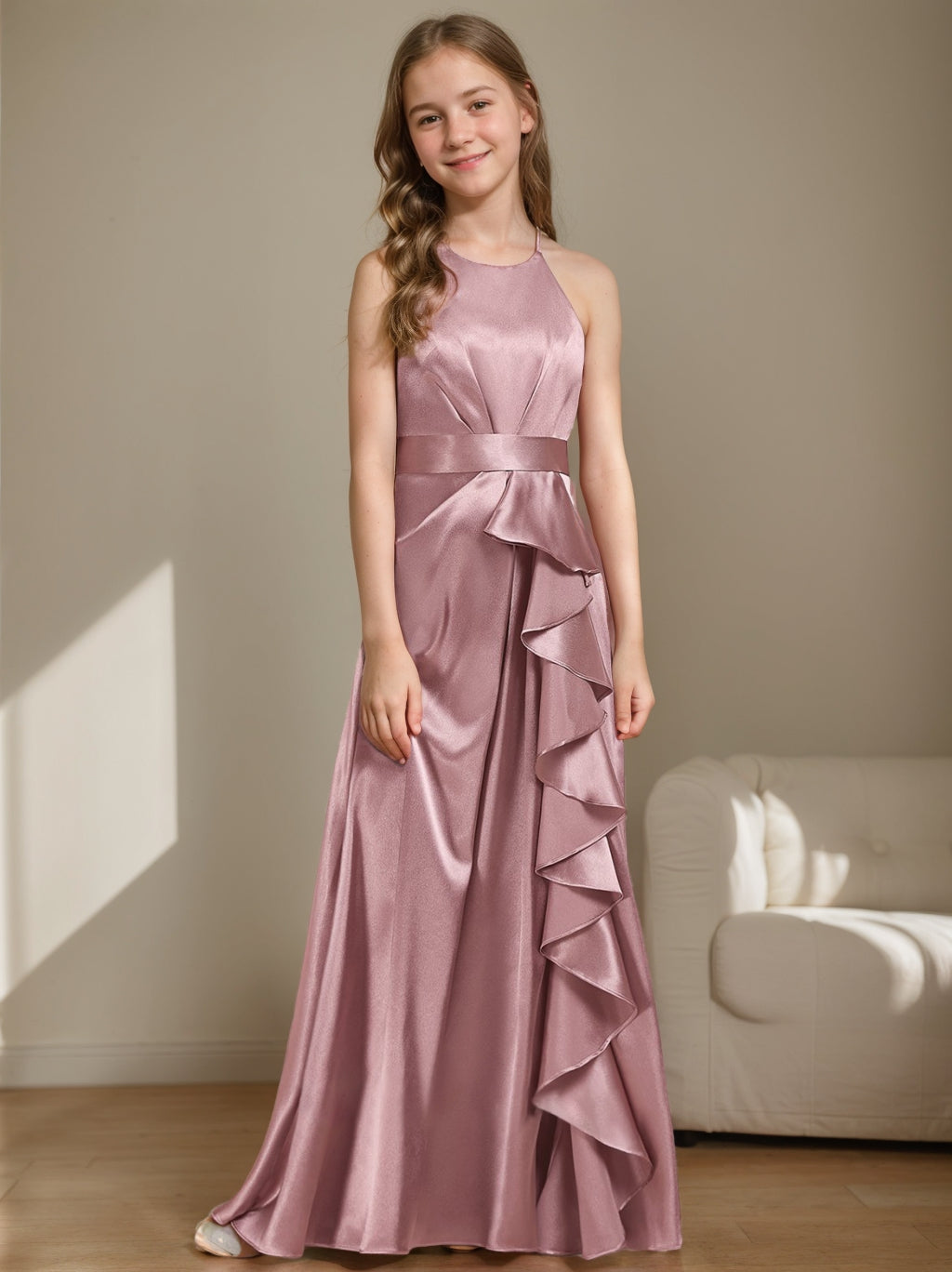 A-Line/Princess Criss Cross Sleeveless Junior Bridesmaid Dresses with Ruffles Vintage Mauve