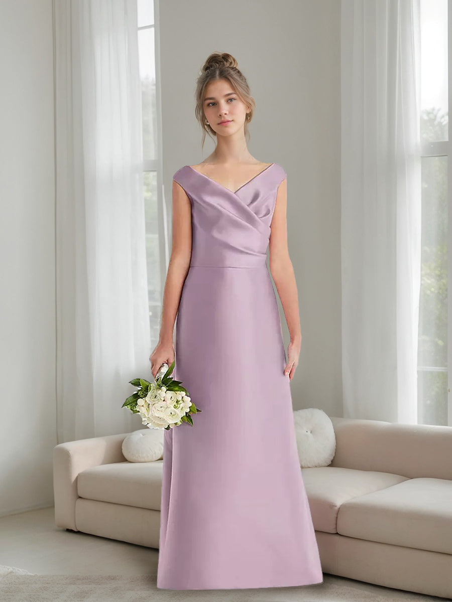 A-Line/Princess V-neck Ruched Floor-Length Junior Bridesmaid Dresses with Pockets Suede Rose