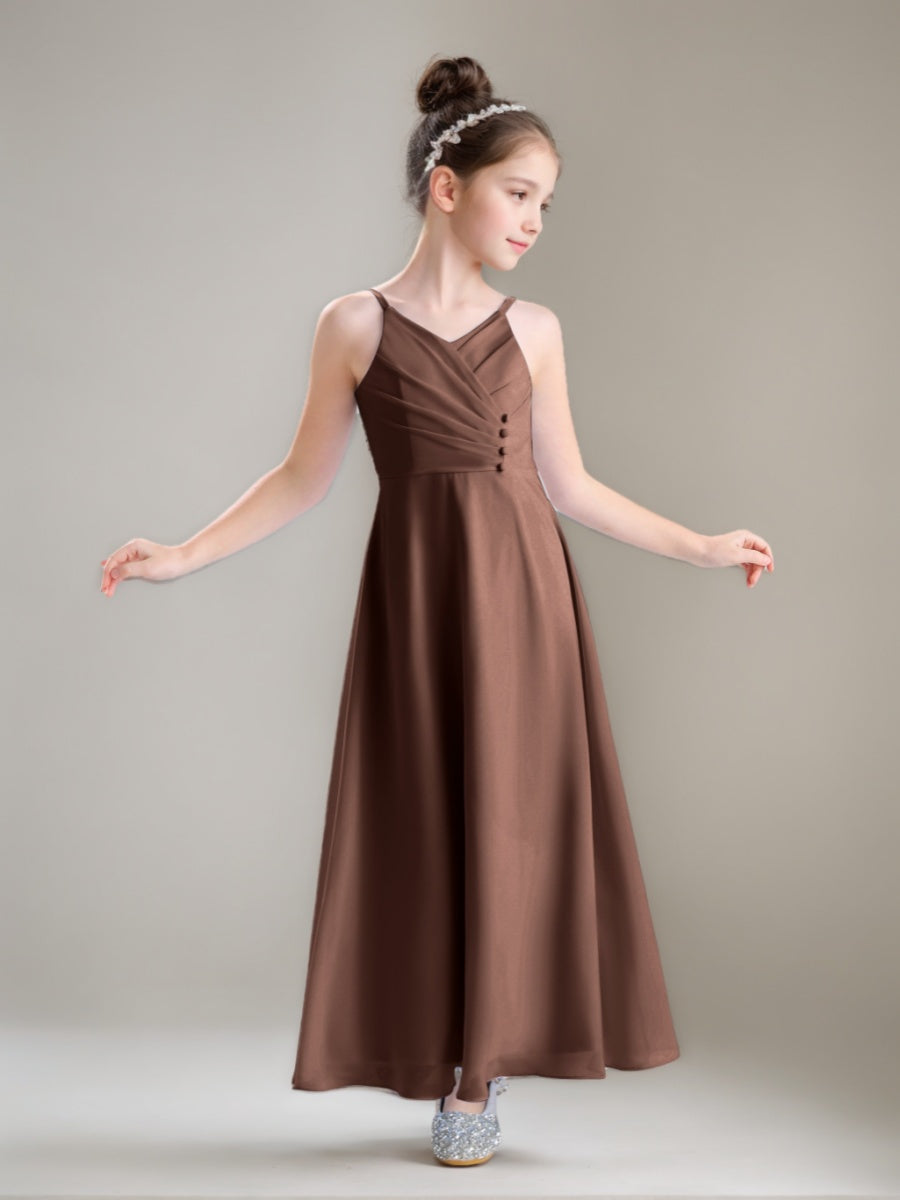 A-Line/Princess Spaghetti Straps V-Neck Ruched Ankle-Length Junior Bridesmaid Dresses Brown