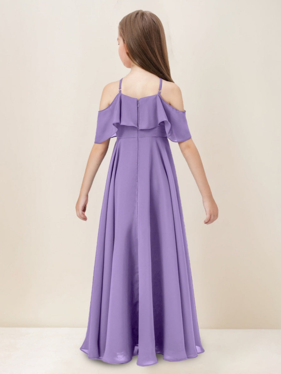 A-Line/Princess Halter Floor-Length Junior Bridesmaid Dresses with Ruffles Dusty Blue