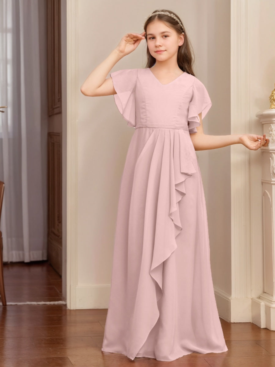 A-Line/Princess V-neck Short Sleeves Ruched Floor-Length Junior Bridesmaid Dresses with Ruffles Dusty Rose