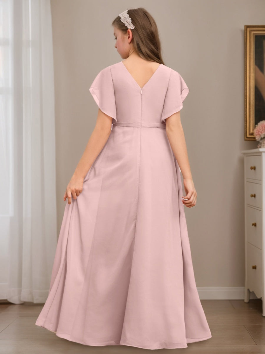 A-Line/Princess V-neck Short Sleeves Ruched Floor-Length Junior Bridesmaid Dresses with Ruffles Regency