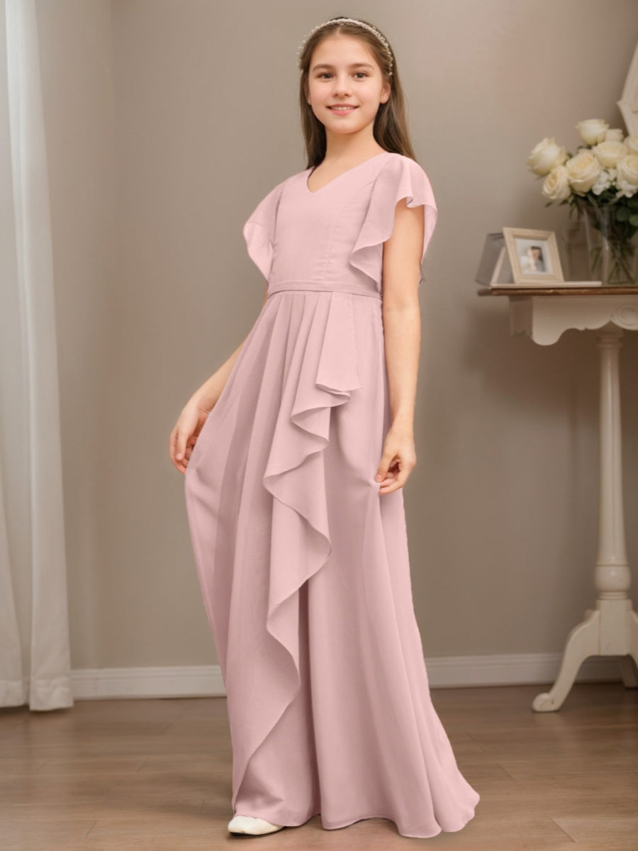 A-Line/Princess V-neck Short Sleeves Ruched Floor-Length Junior Bridesmaid Dresses with Ruffles Tahiti