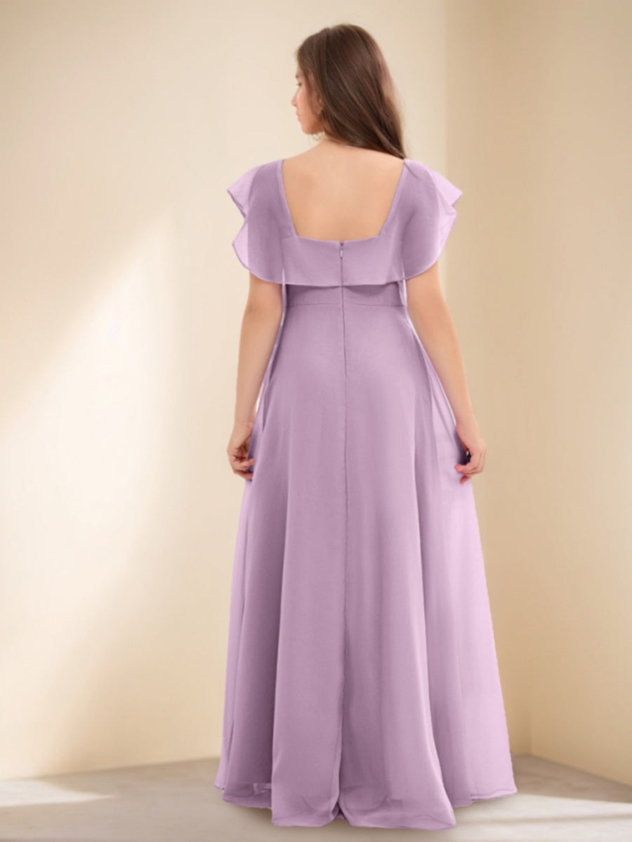 A-Line/Princess Scoop Short Sleeves Floor-Length Junior Bridesmaid Dresses with Ruffles Dusty Rose