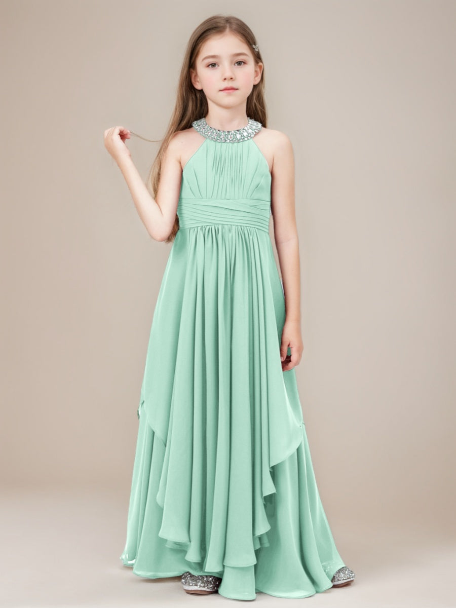 A-Line/Princess Beaded Halter Ruched Floor-Length Junior Bridesmaid Dresses with Ruffles Mint Green