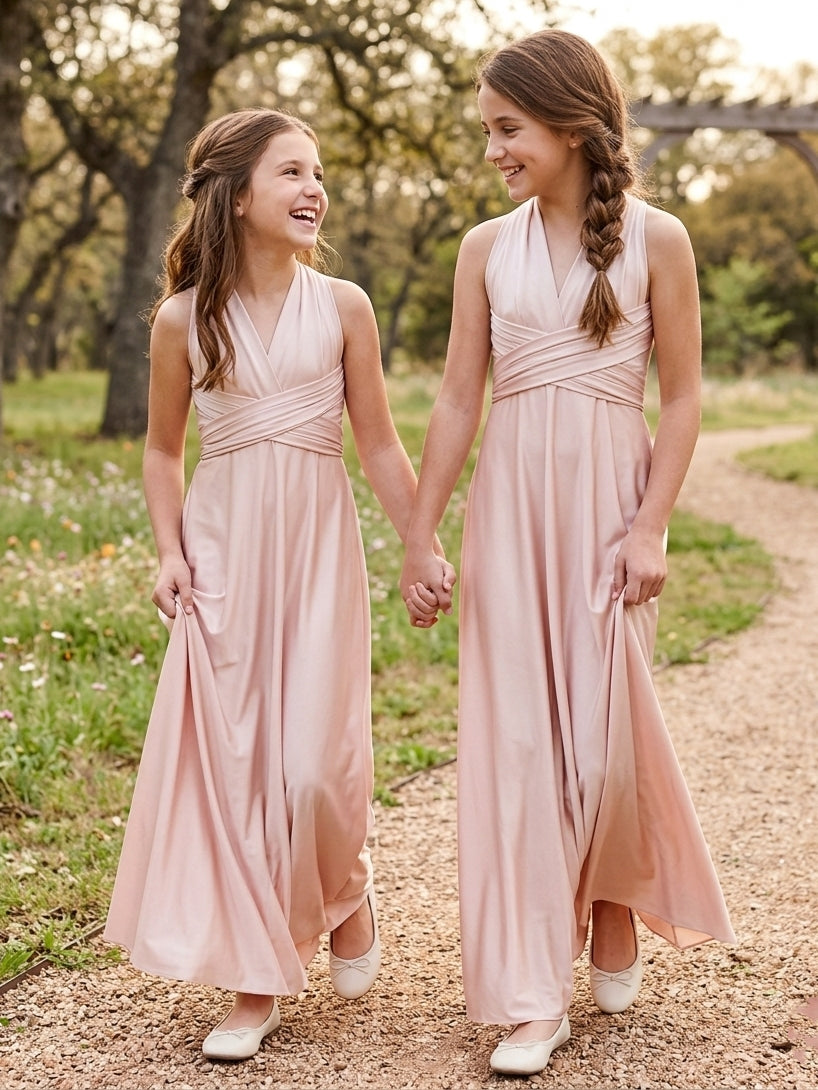 A-Line/Princess V-neck Ruched Floor-Length Sleeveless Junior Bridesmaid Dresses As Pic