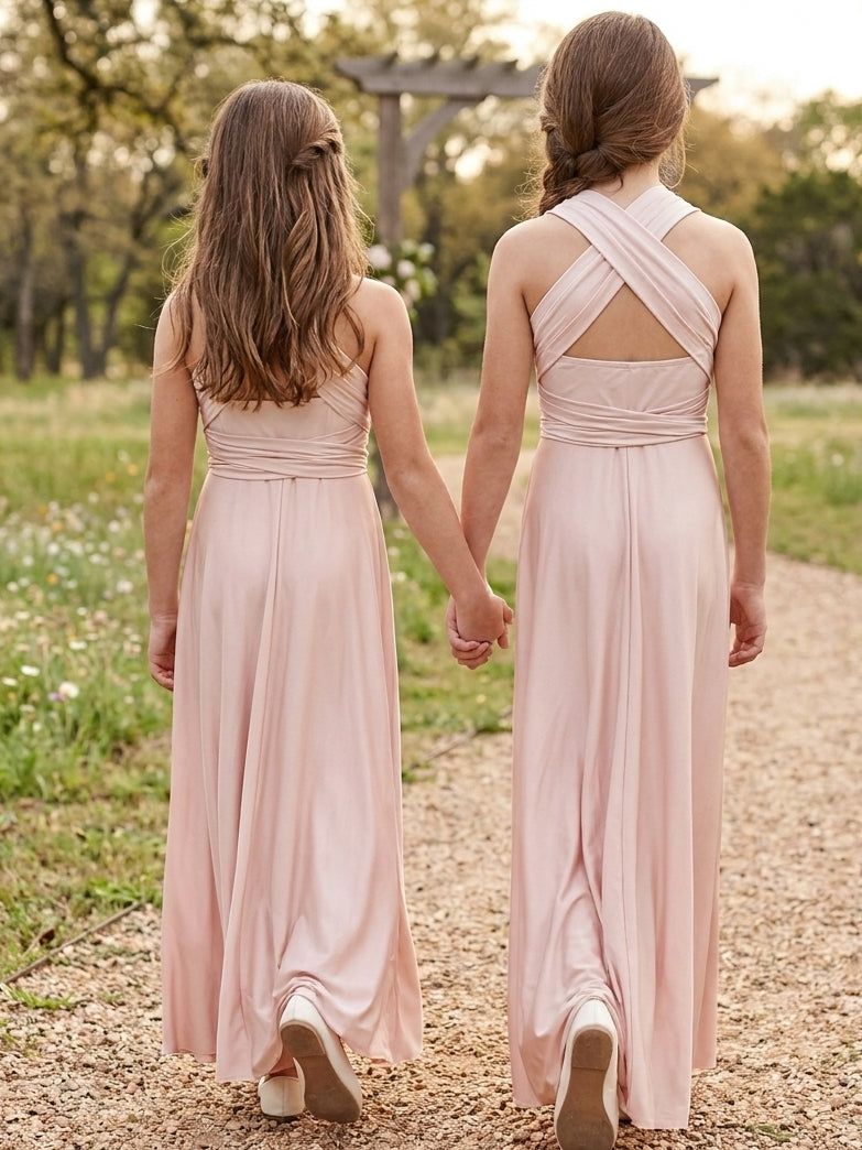 A-Line/Princess V-neck Ruched Floor-Length Sleeveless Junior Bridesmaid Dresses Black