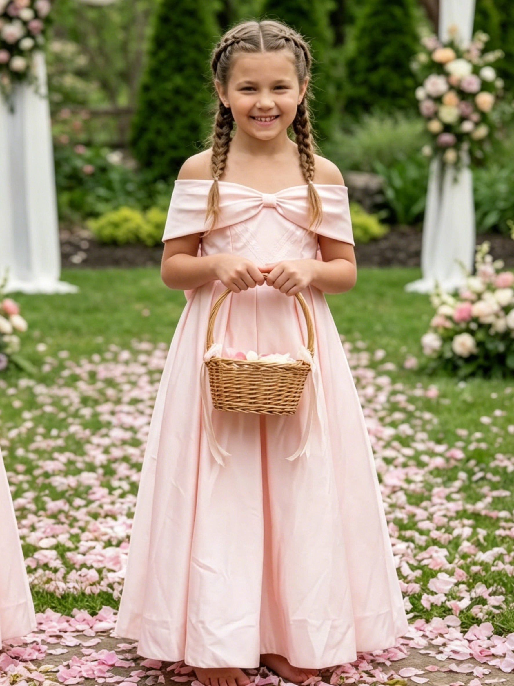 A-Line/Princess Off-the-Shoulder Floor-Length Sleeveless Satin Junior Bridesmaid Dresses With Bowknot Blue