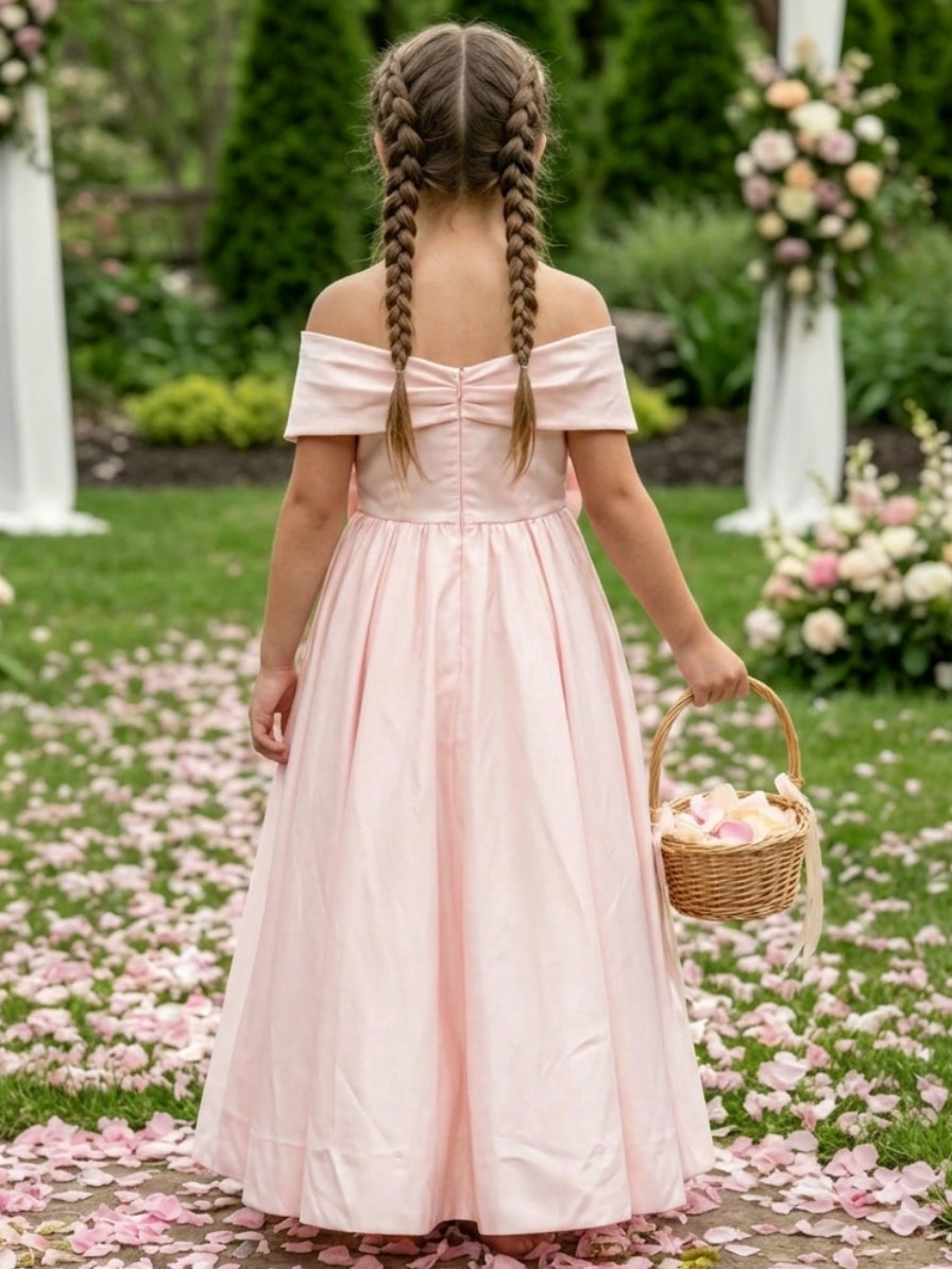 A-Line/Princess Off-the-Shoulder Floor-Length Sleeveless Satin Junior Bridesmaid Dresses With Bowknot Black