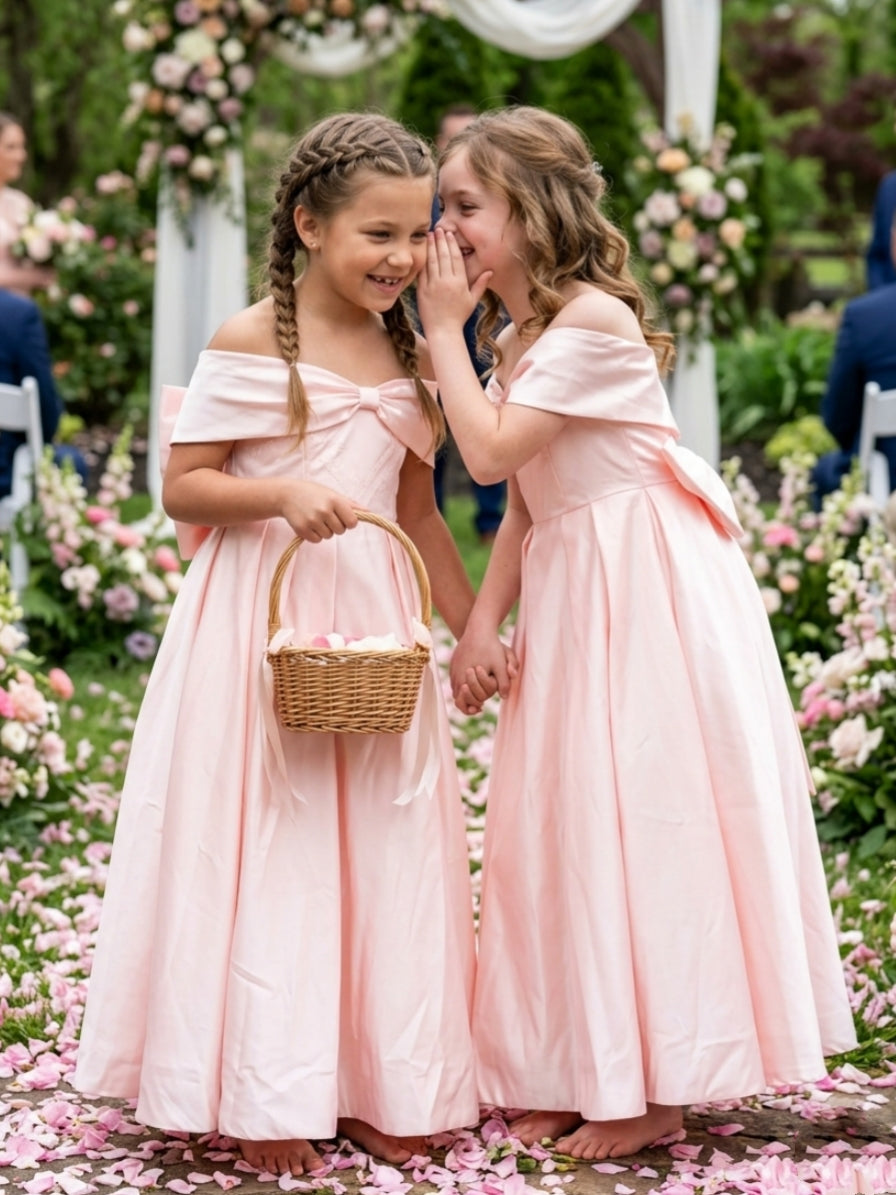 A-Line/Princess Off-the-Shoulder Floor-Length Sleeveless Satin Junior Bridesmaid Dresses With Bowknot As Pic