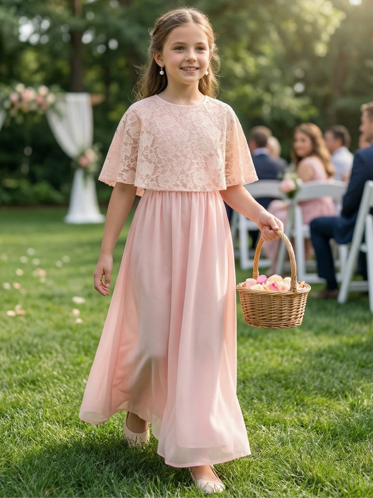 A-Line/Princess Scoop Lace Chiffon Flower Girl Dresses Sleeveless Floor-Length As Pic