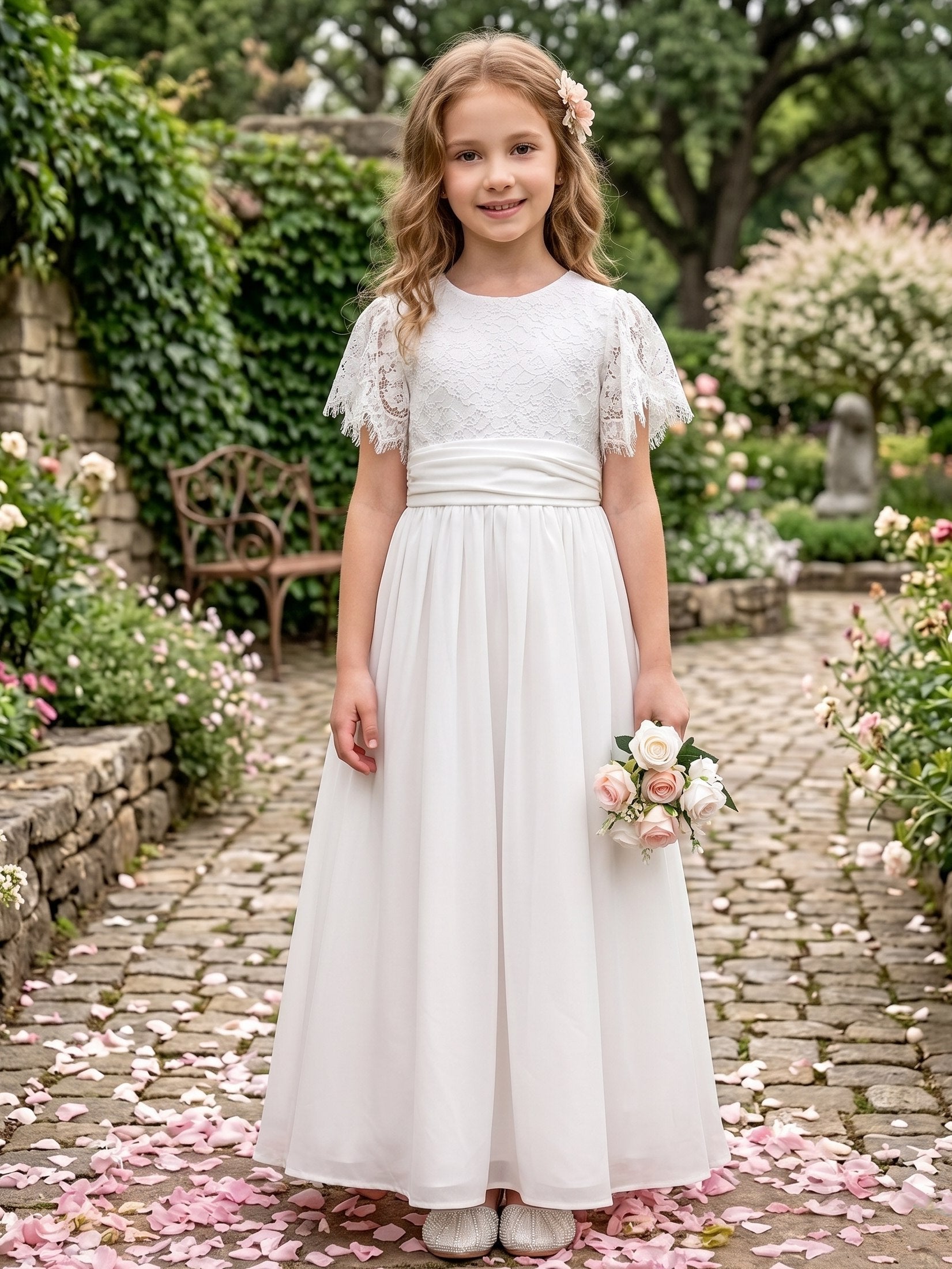 A-Line/Princess Scoop Ankle-Length Short Sleeves Lace Chiffon Ruched Junior Bridesmaid Dresses White