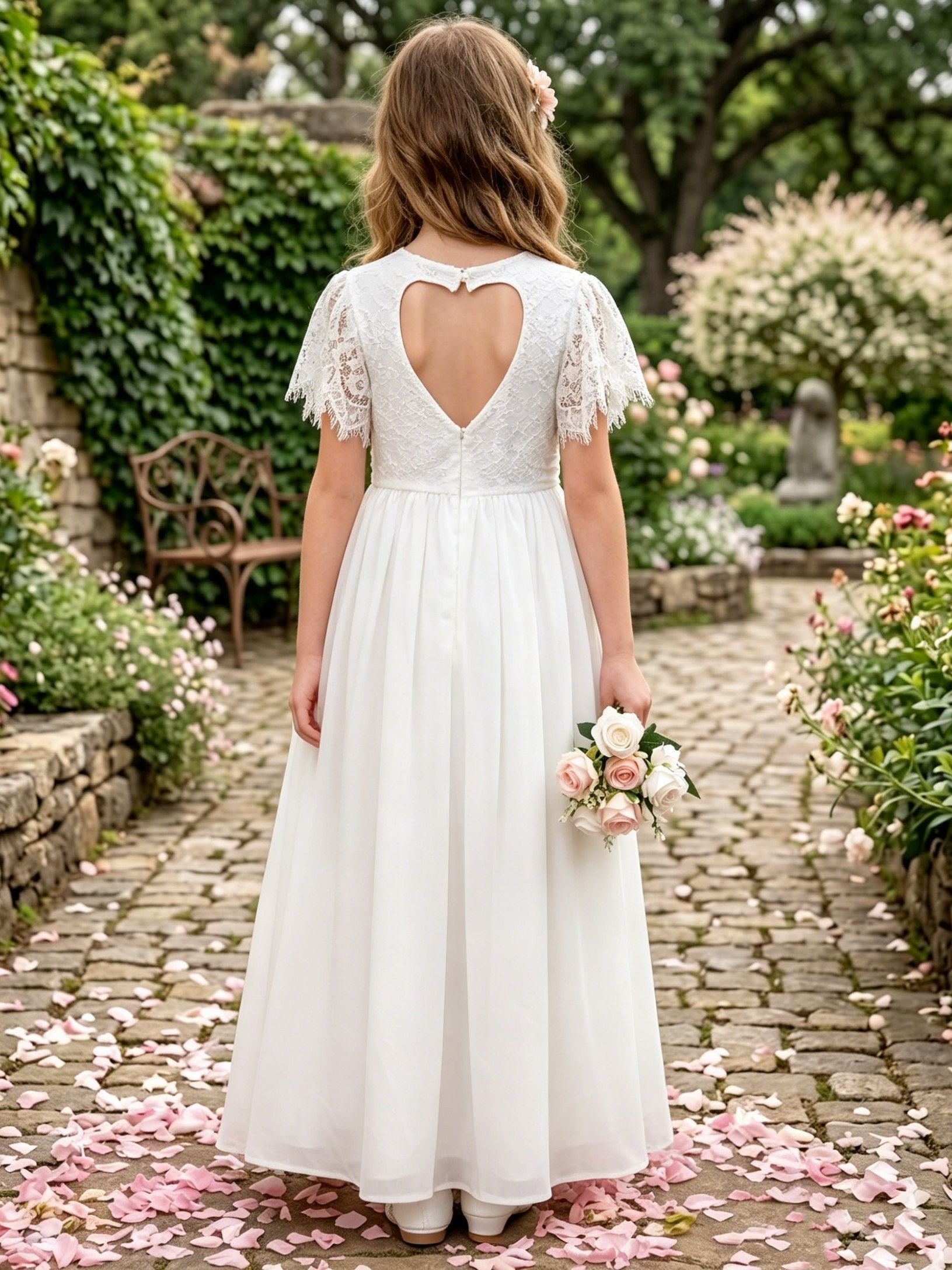 A-Line/Princess Scoop Ankle-Length Short Sleeves Lace Chiffon Ruched Junior Bridesmaid Dresses Tahiti