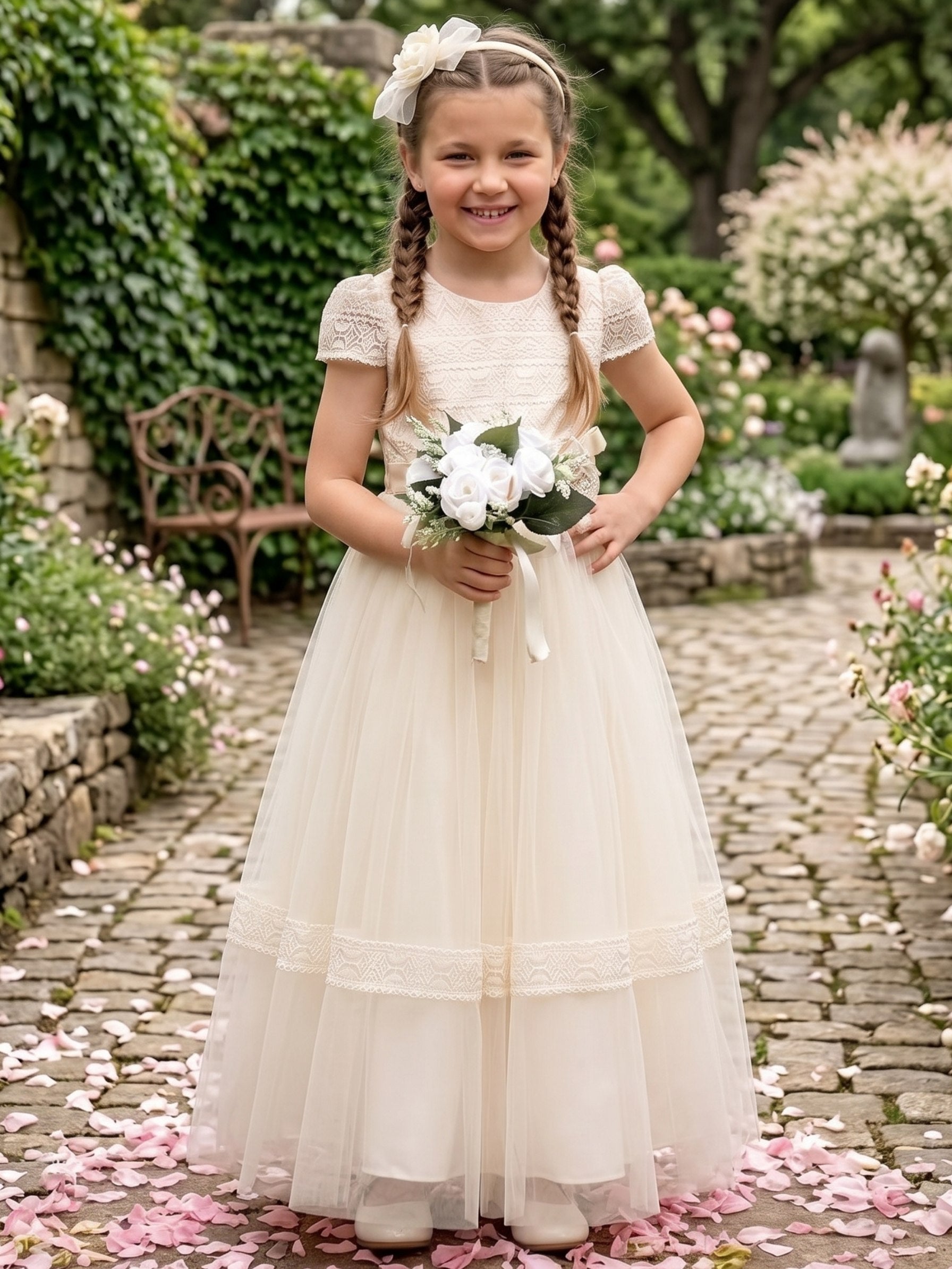 A-Line/Princess Scoop Lace Tulle Flower Girl Dresses Short Sleeves Floor-Length Champagne