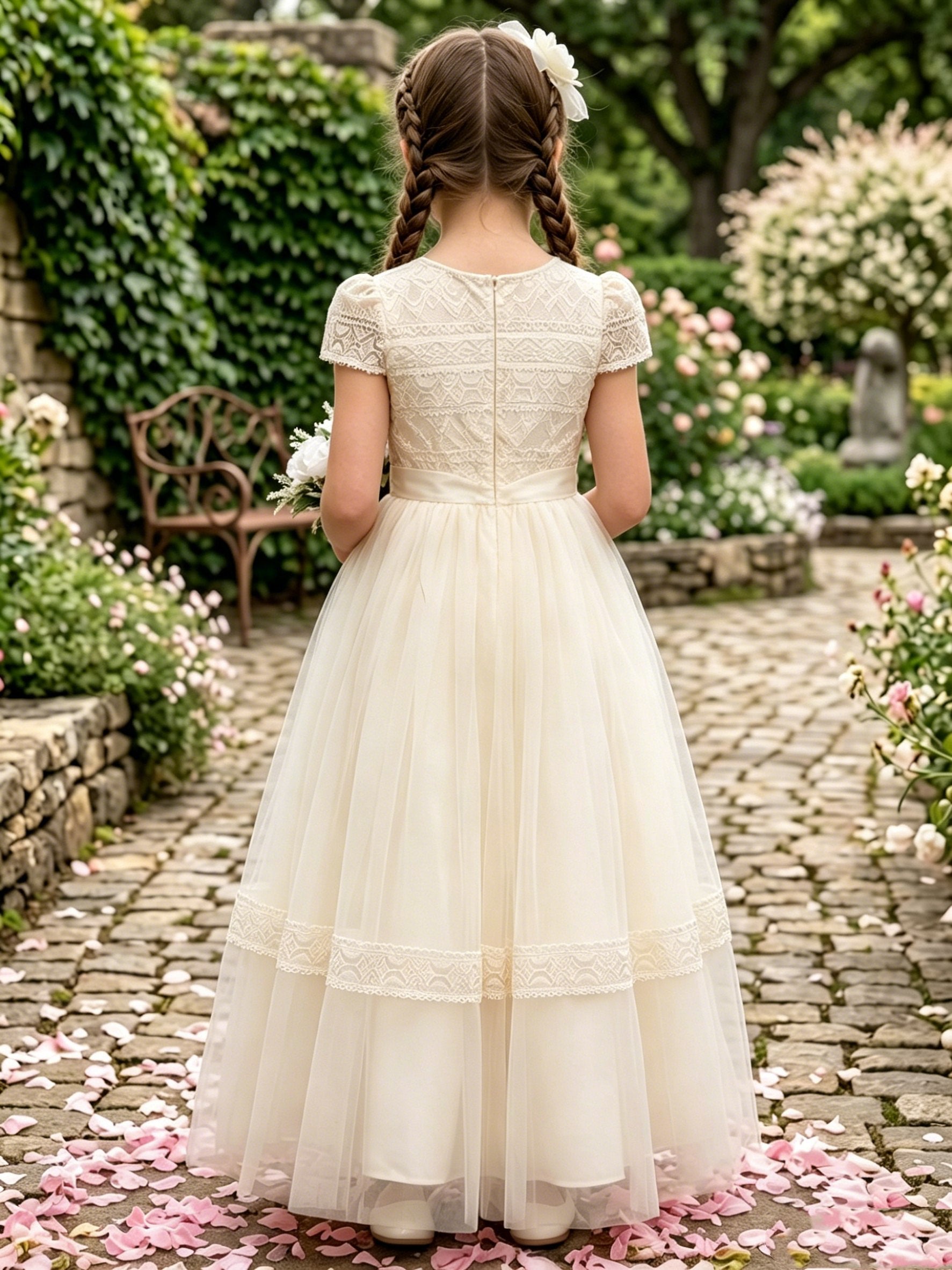 A-Line/Princess Scoop Lace Tulle Flower Girl Dresses Short Sleeves Floor-Length Black