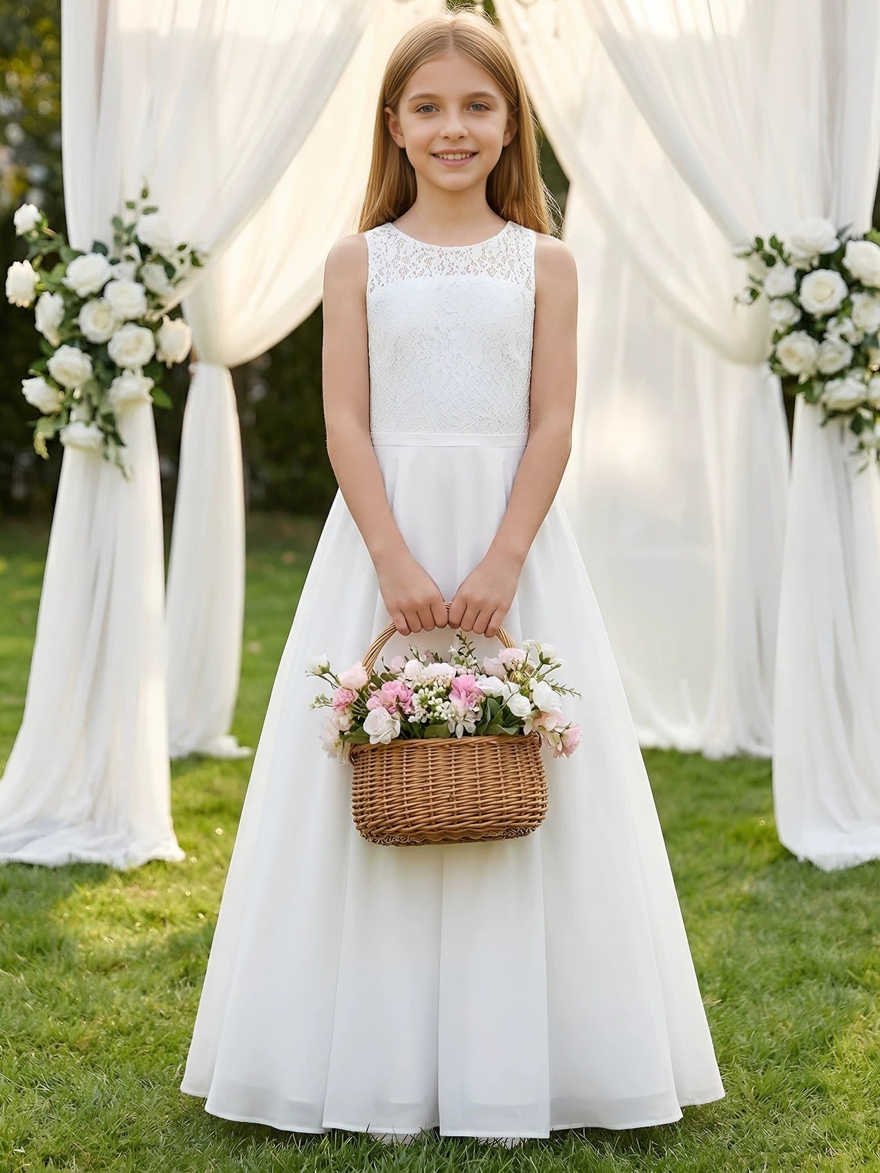 A-Line/Princess Scoop Lace Tulle Flower Girl Dresses Sleeveless Floor-Length White