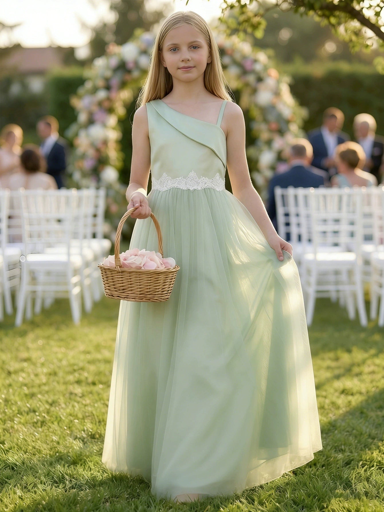 A-Line/Princess Asymmetrical Neck Satin Tulle Lace Flower Girl Dresses Sleeveless Floor-Length As Pic