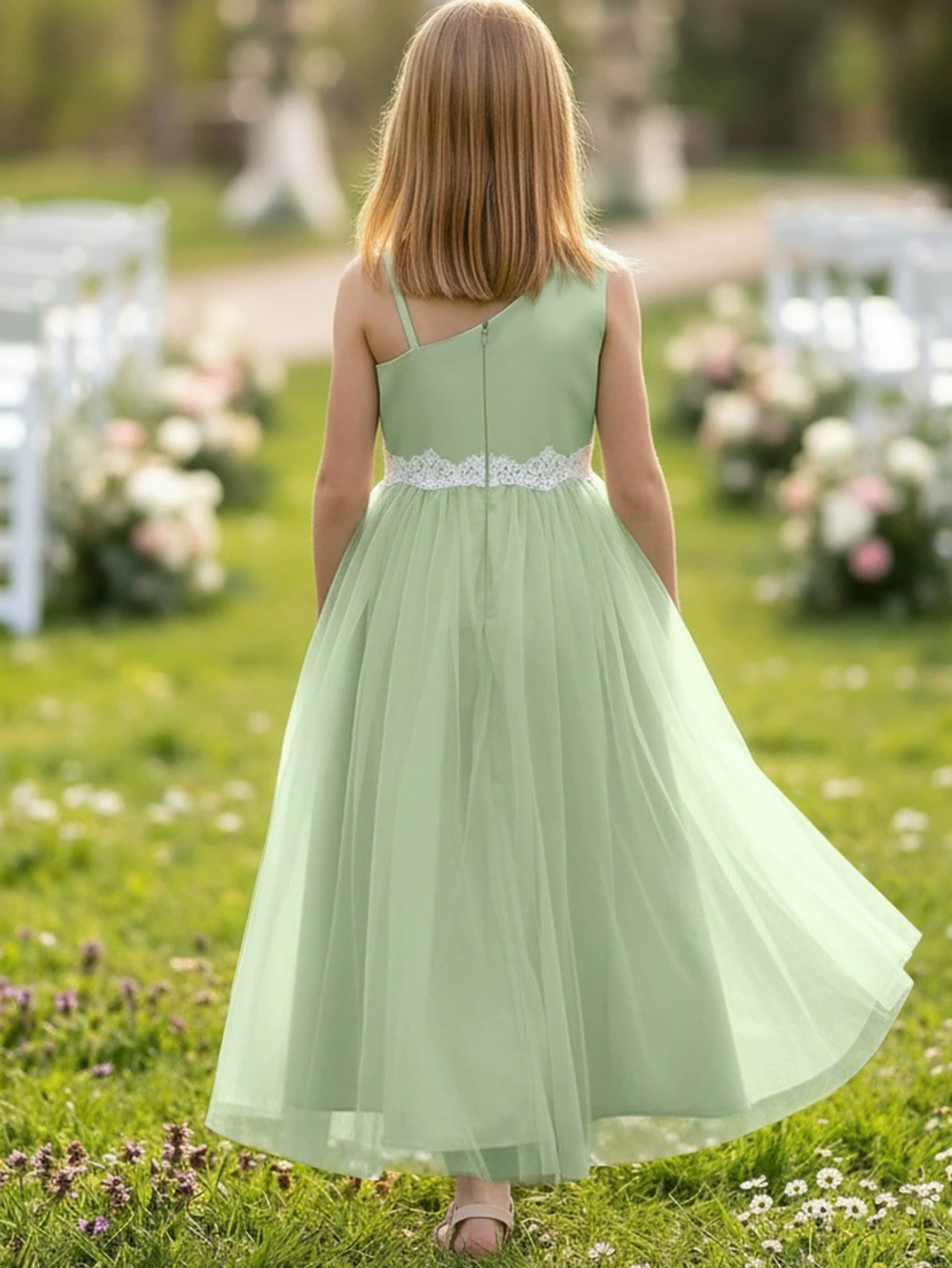 A-Line/Princess Asymmetrical Neck Satin Tulle Lace Flower Girl Dresses Sleeveless Floor-Length Black