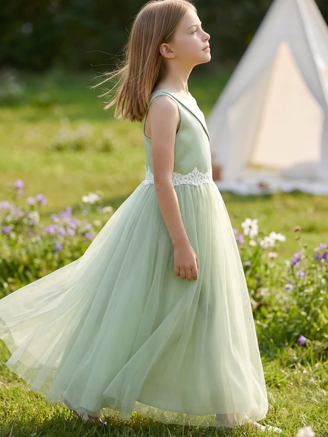 A-Line/Princess Asymmetrical Neck Satin Tulle Lace Flower Girl Dresses Sleeveless Floor-Length Brown