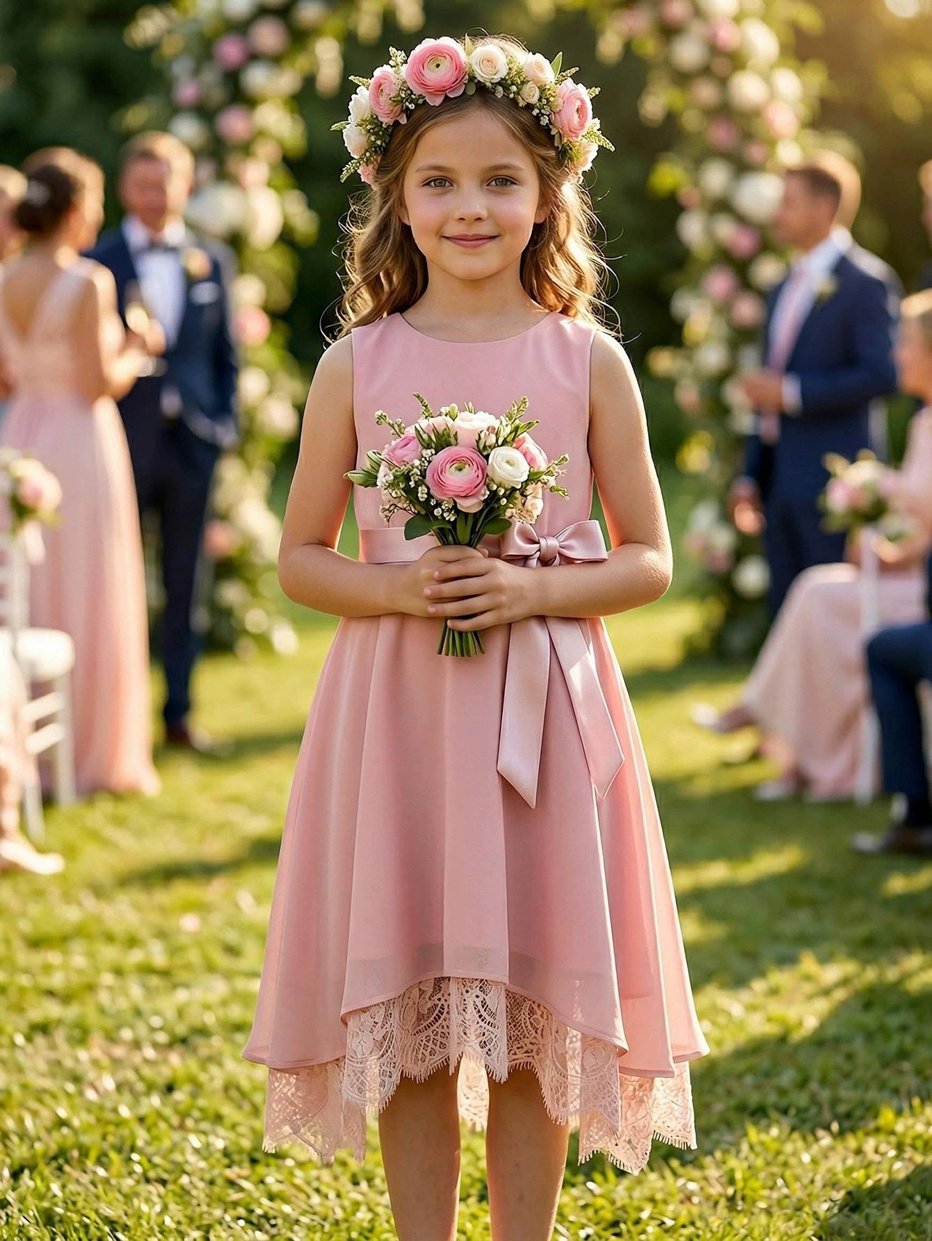 A-Line/Princess Scoop Lace Chiffon Flower Girl Dresses Sleeveless Tea-Length With Bowknot As Pic