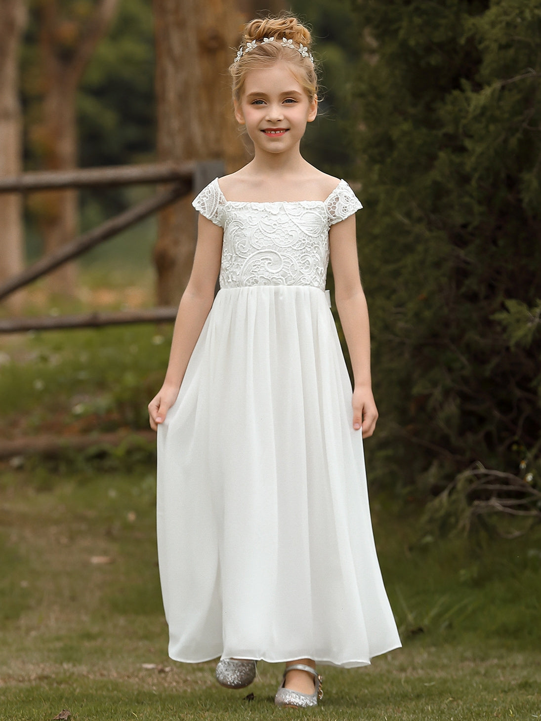 A-Line/Princess Scoop Lace Chiffon Flower Girl Dresses Sleeveless Ankle-Length With Bowknot Beige