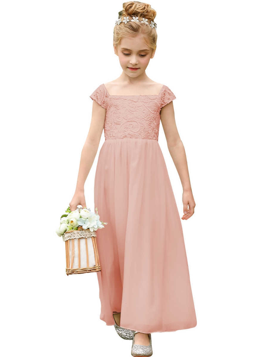 A-Line/Princess Scoop Lace Chiffon Flower Girl Dresses Sleeveless Ankle-Length With Bowknot Bean Paste
