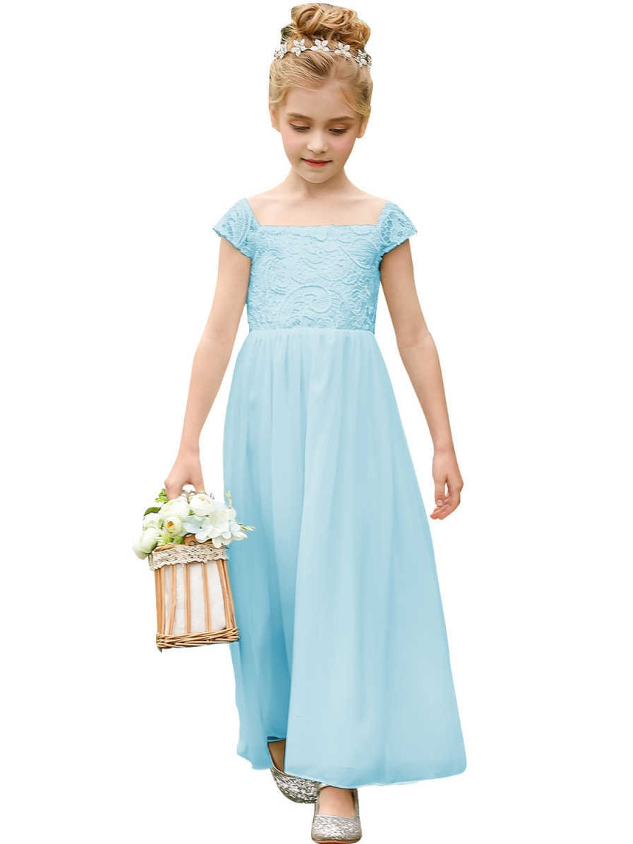 A-Line/Princess Scoop Lace Chiffon Flower Girl Dresses Sleeveless Ankle-Length With Bowknot Sky Blue