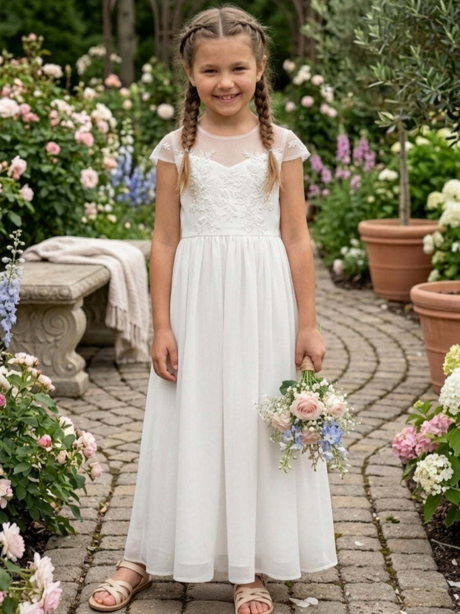 A-Line/Princess Scoop Lace Chiffon Flower Girl Dresses Short Sleeves Ankle-Length Off-White
