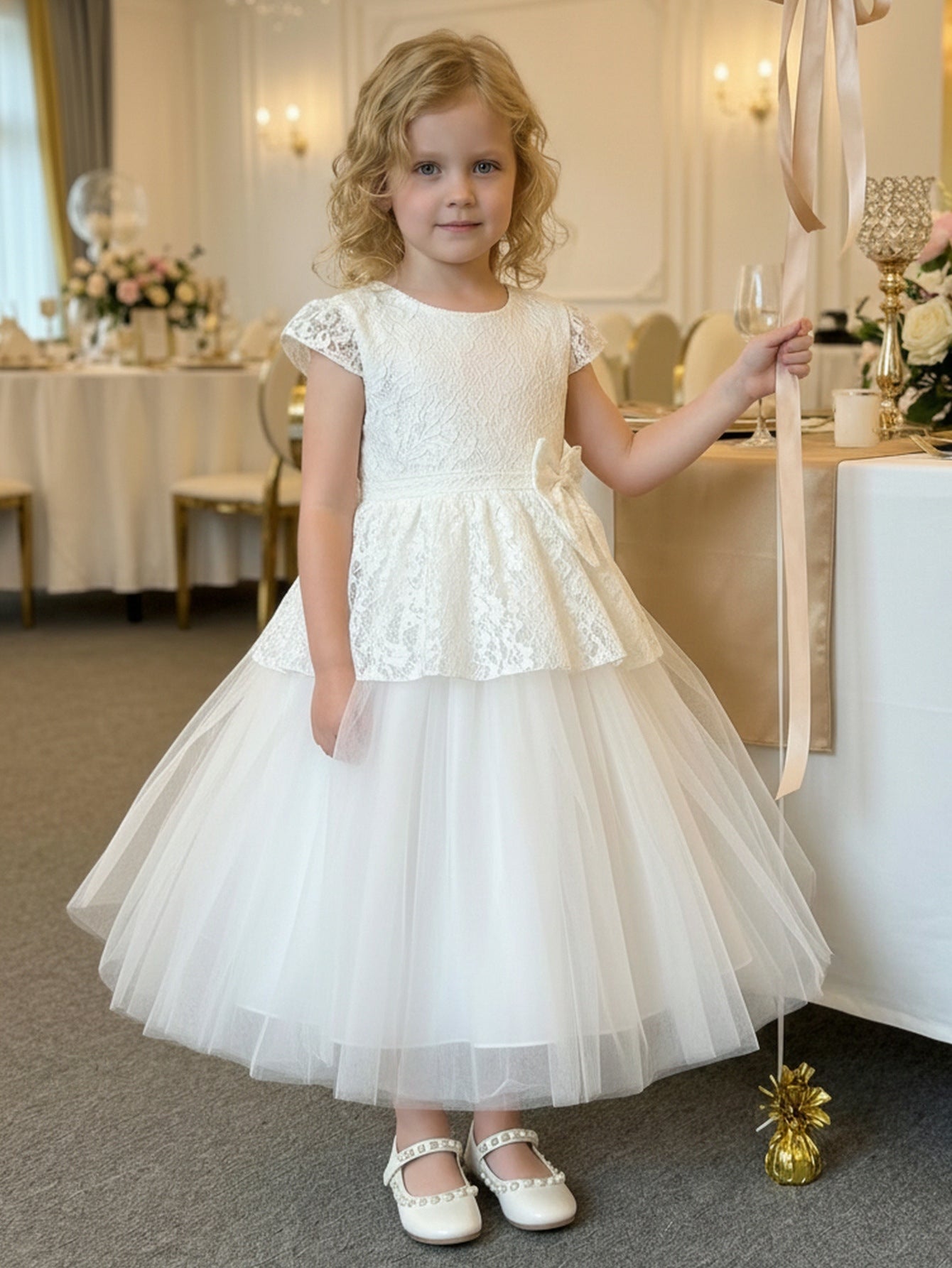 A-Line/Princess Scoop Lace Tulle Flower Girl Dresses Short Sleeves Ankle-Length With Bowknot White