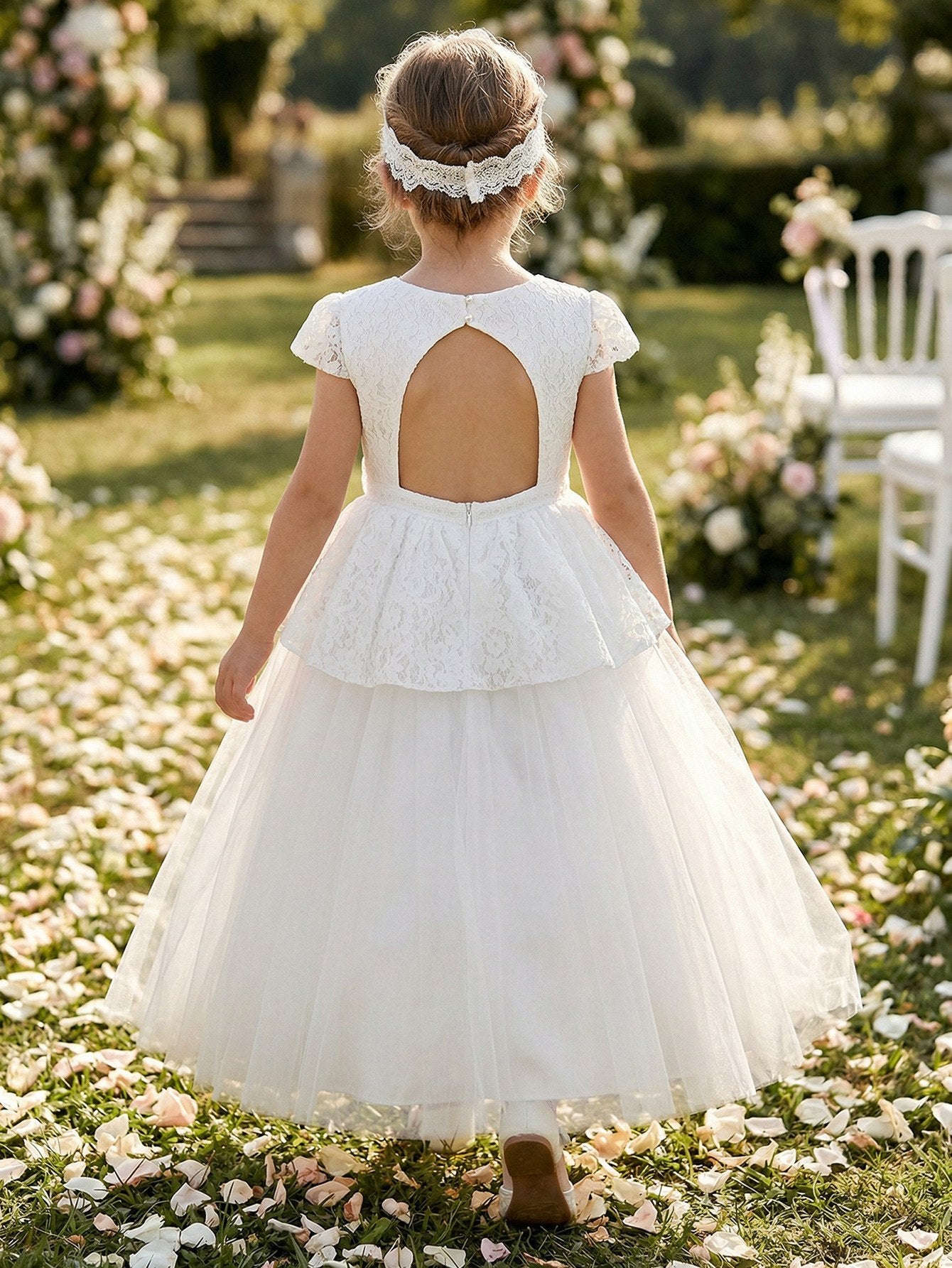 A-Line/Princess Scoop Lace Tulle Flower Girl Dresses Short Sleeves Ankle-Length With Bowknot