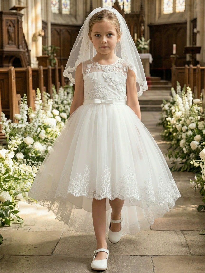 A-Line/Princess Scoop Lace Tulle Flower Girl Dresses Short Sleeves Asymmetrical Ankle-Length With Bowknot White