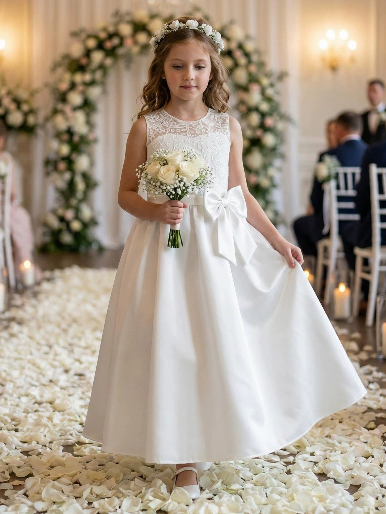 A-Line/Princess Scoop Lace Satin Flower Girl Dresses Sleeveless Ankle-Length With Bowknot White