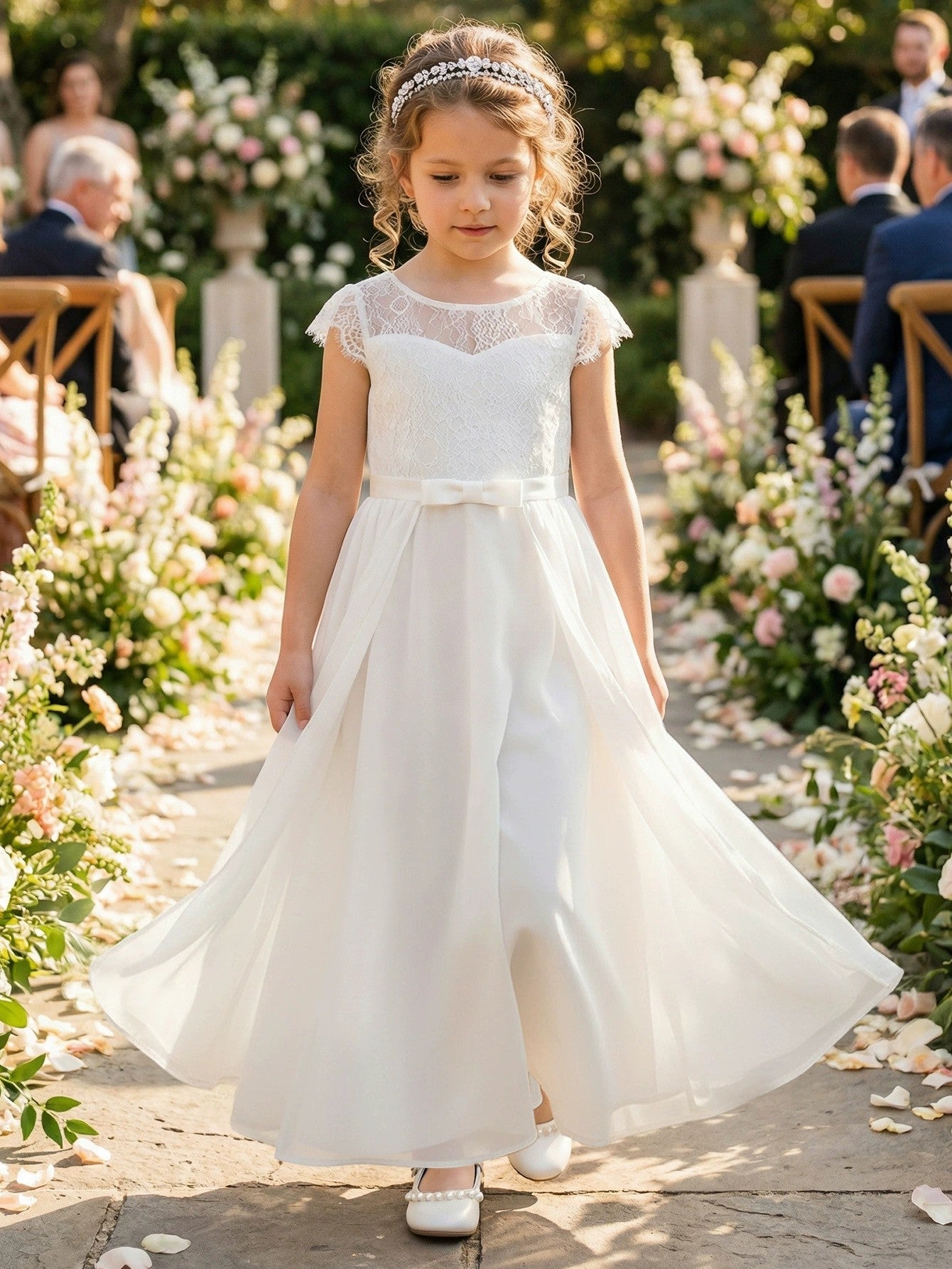 A-Line/Princess Scoop Lace Tulle Flower Girl Dresses Short Sleeves Ankle-Length With Bowknot White