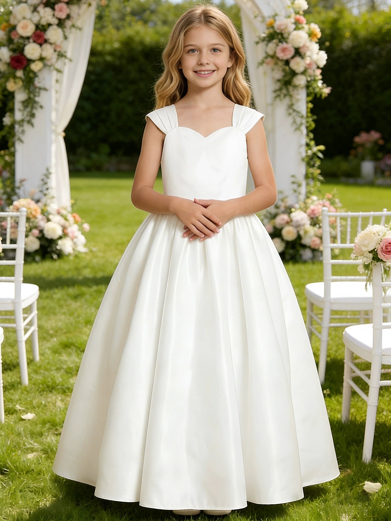 A-Line/Princess Sweetheart Satin Flower Girl Dresses Sleeveless Floor-Length With Bowknot White