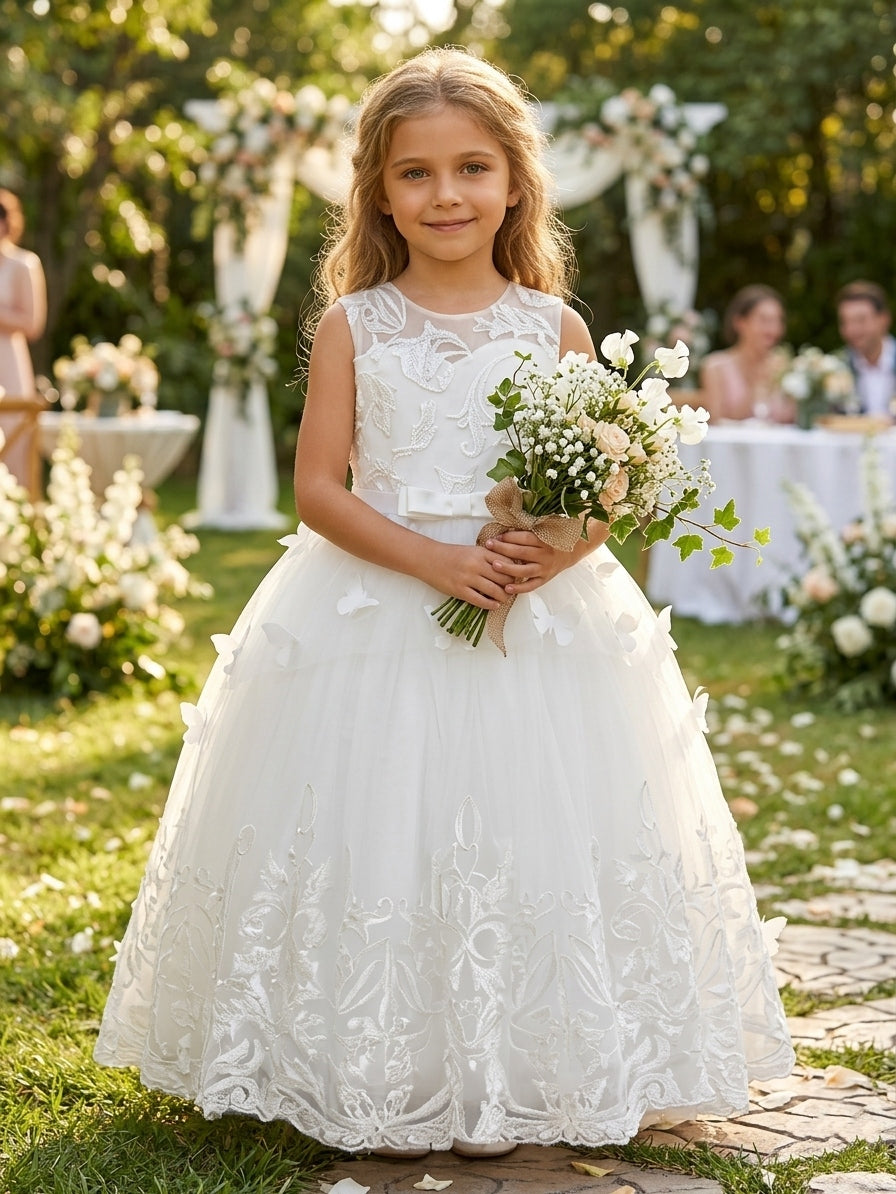 A-Line/Princess Scoop Lace Tulle Flower Girl Dresses Sleeveless Floor-Length With Bowknot&3D Butterfly White