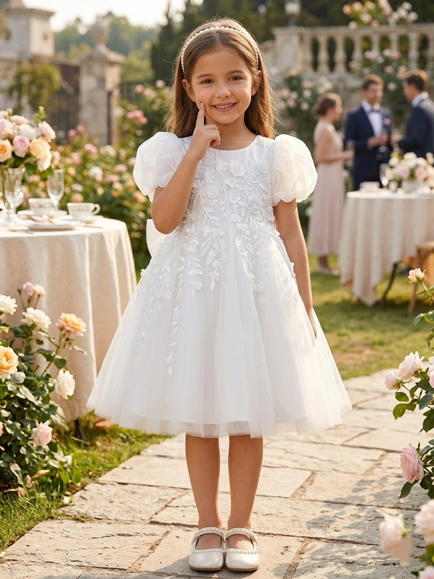 A-Line/Princess Scoop Lace Tulle Flower Girl Dresses Puff Sleeves Tea-Length With Bowknot Off-White