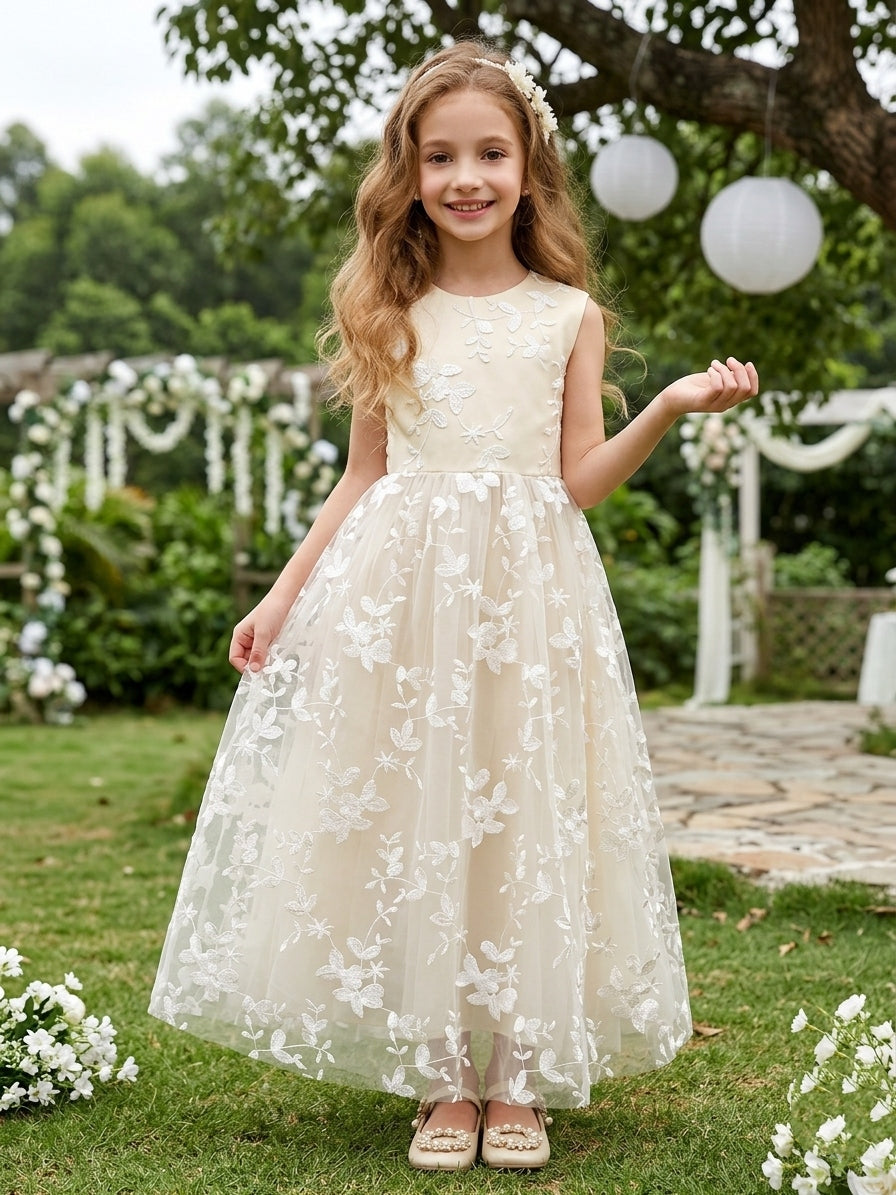 A-Line/Princess Scoop Tulle Lace Flower Girl Dresses Sleeveless Ankle-Length With Bowknot Champagne