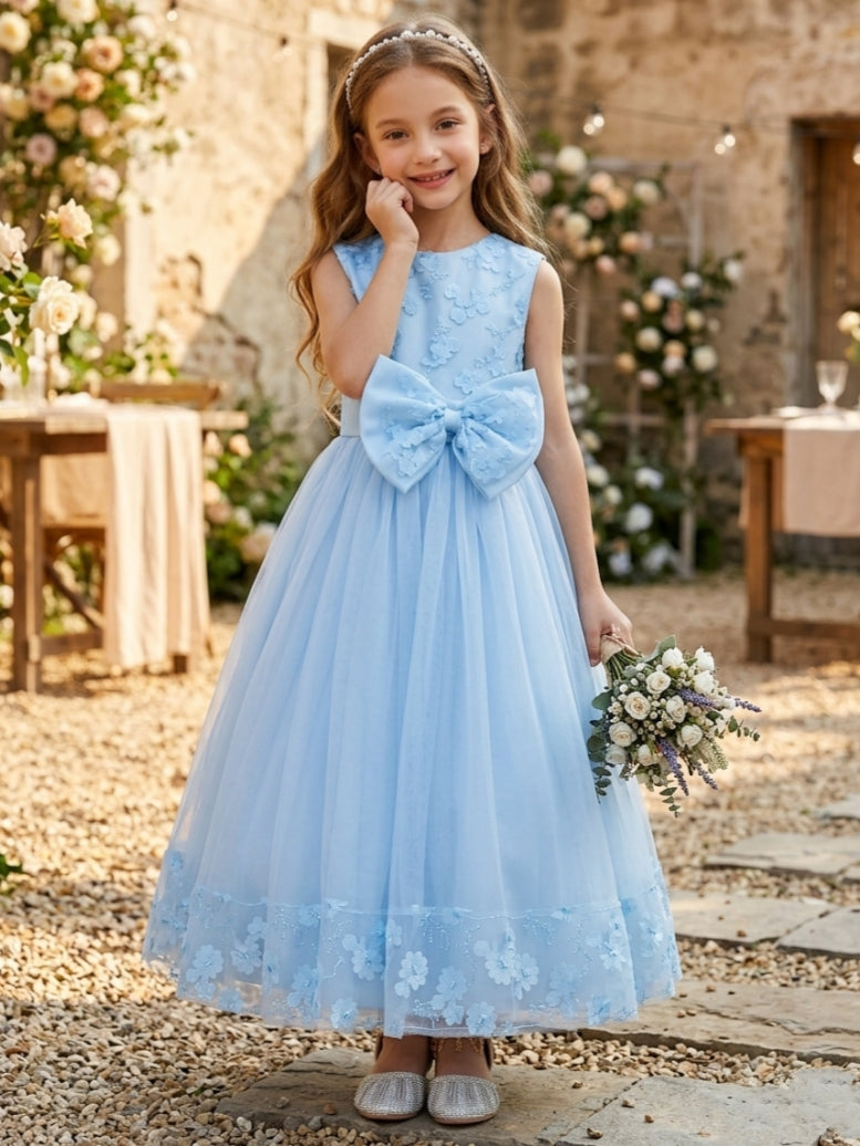 A-Line/Princess Scoop Tulle Lace Flower Girl Dresses Sleeveless Ankle-Length With Bowknot Blue