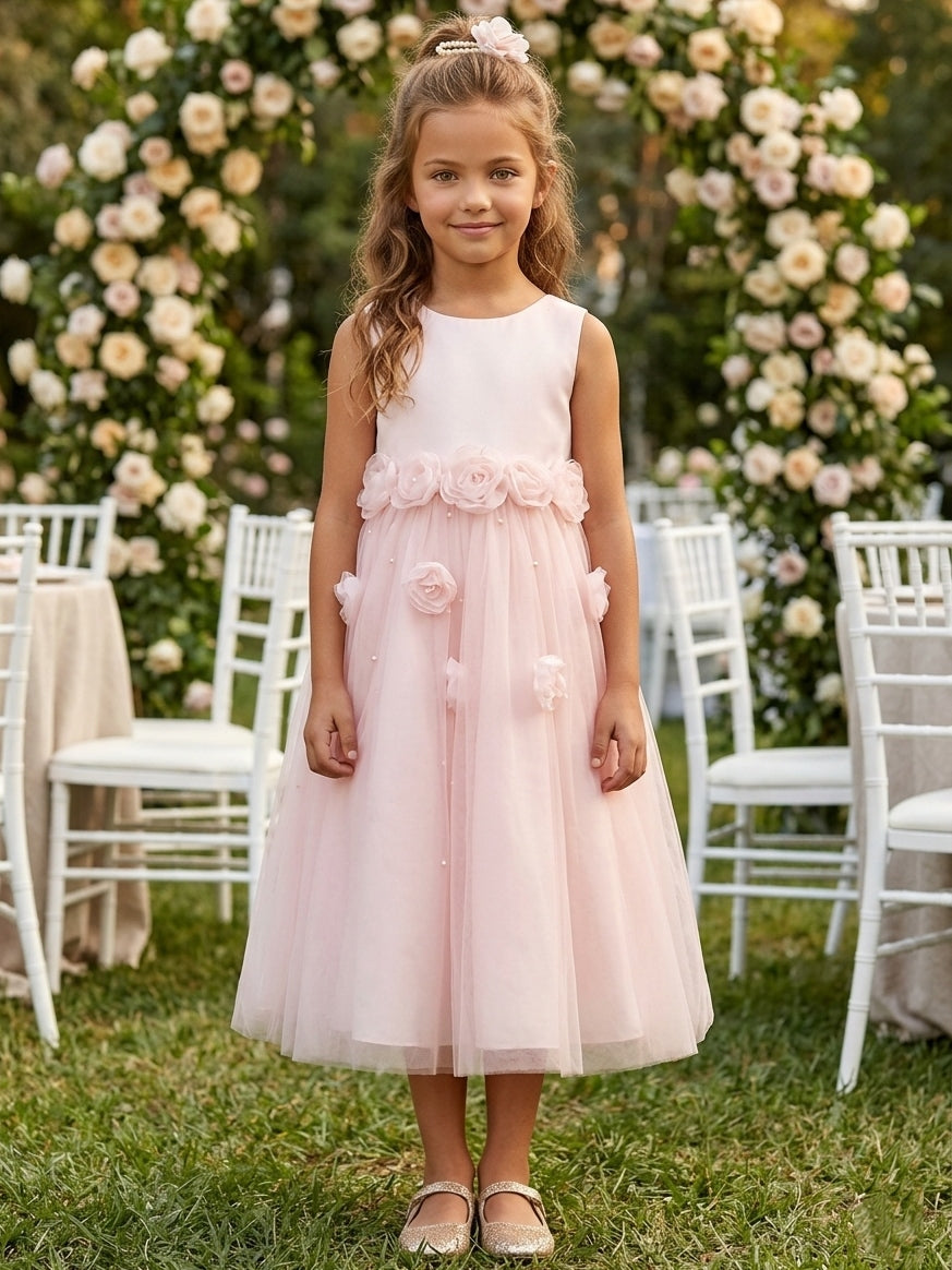 A-Line/Princess Scoop Stretch Satin Flower Girl Dresses Sleeveless Tea-Length With 3D Flowers As Pic