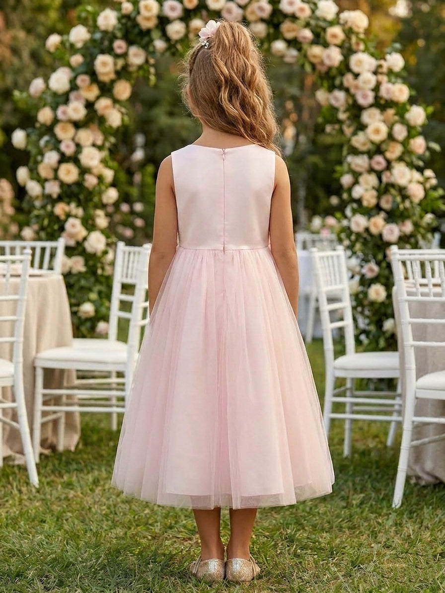 A-Line/Princess Scoop Stretch Satin Flower Girl Dresses Sleeveless Tea-Length With 3D Flowers Black