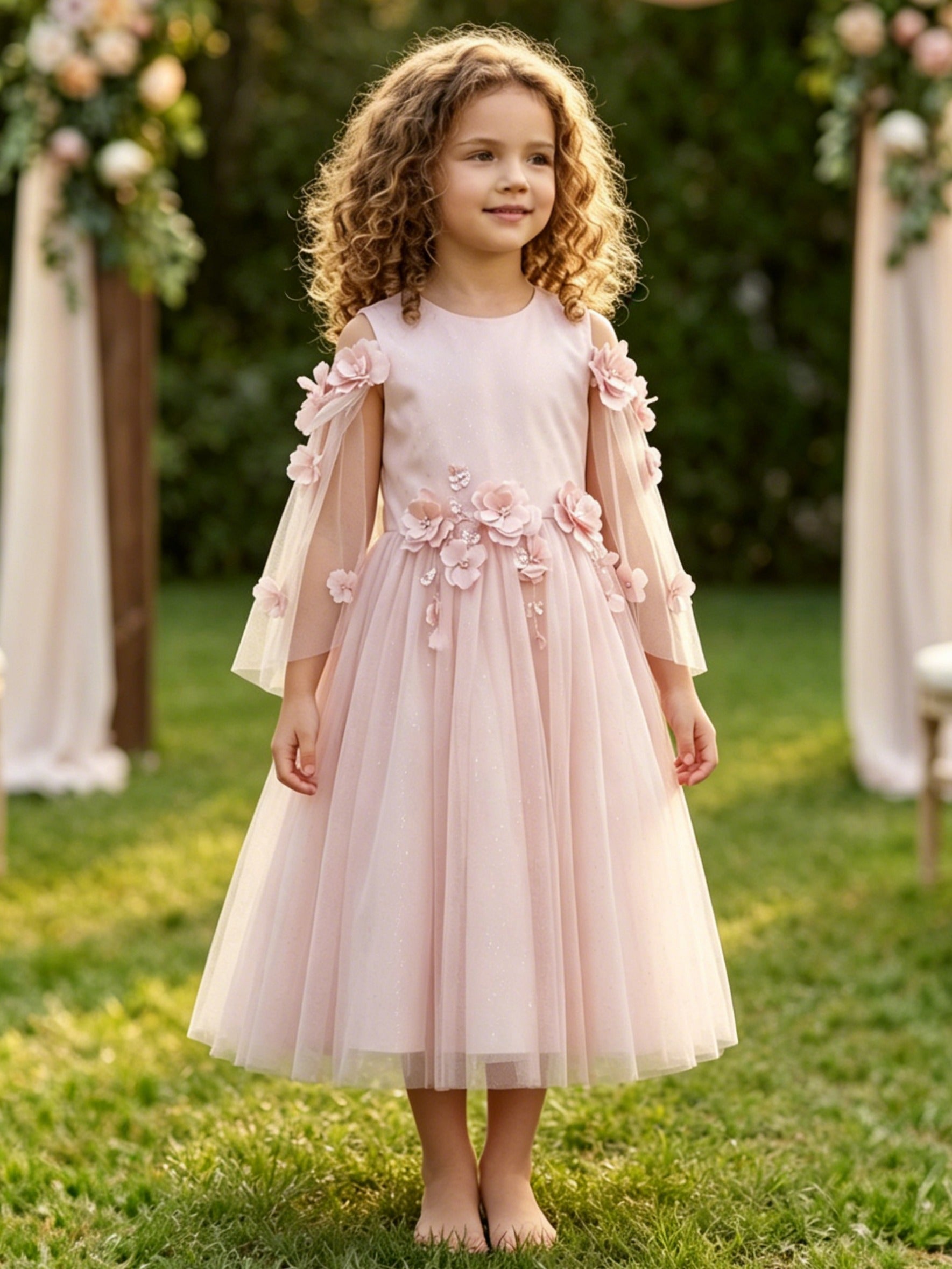 A-Line/Princess Scoop Satin Tulle Flower Girl Dresses Cape Sleeves Tea-Length With 3D Flowers Pink