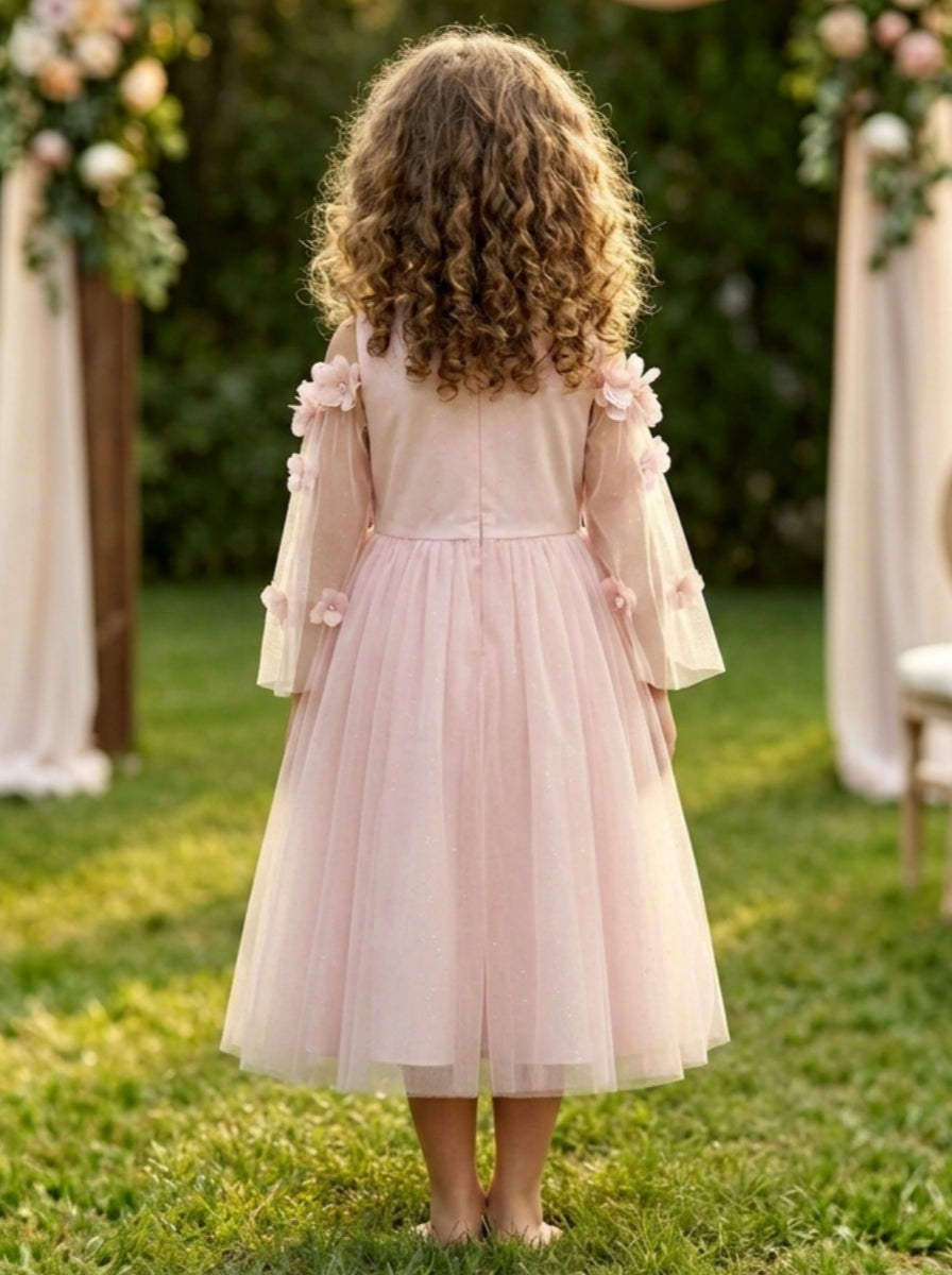A-Line/Princess Scoop Satin Tulle Flower Girl Dresses Cape Sleeves Tea-Length With 3D Flowers White