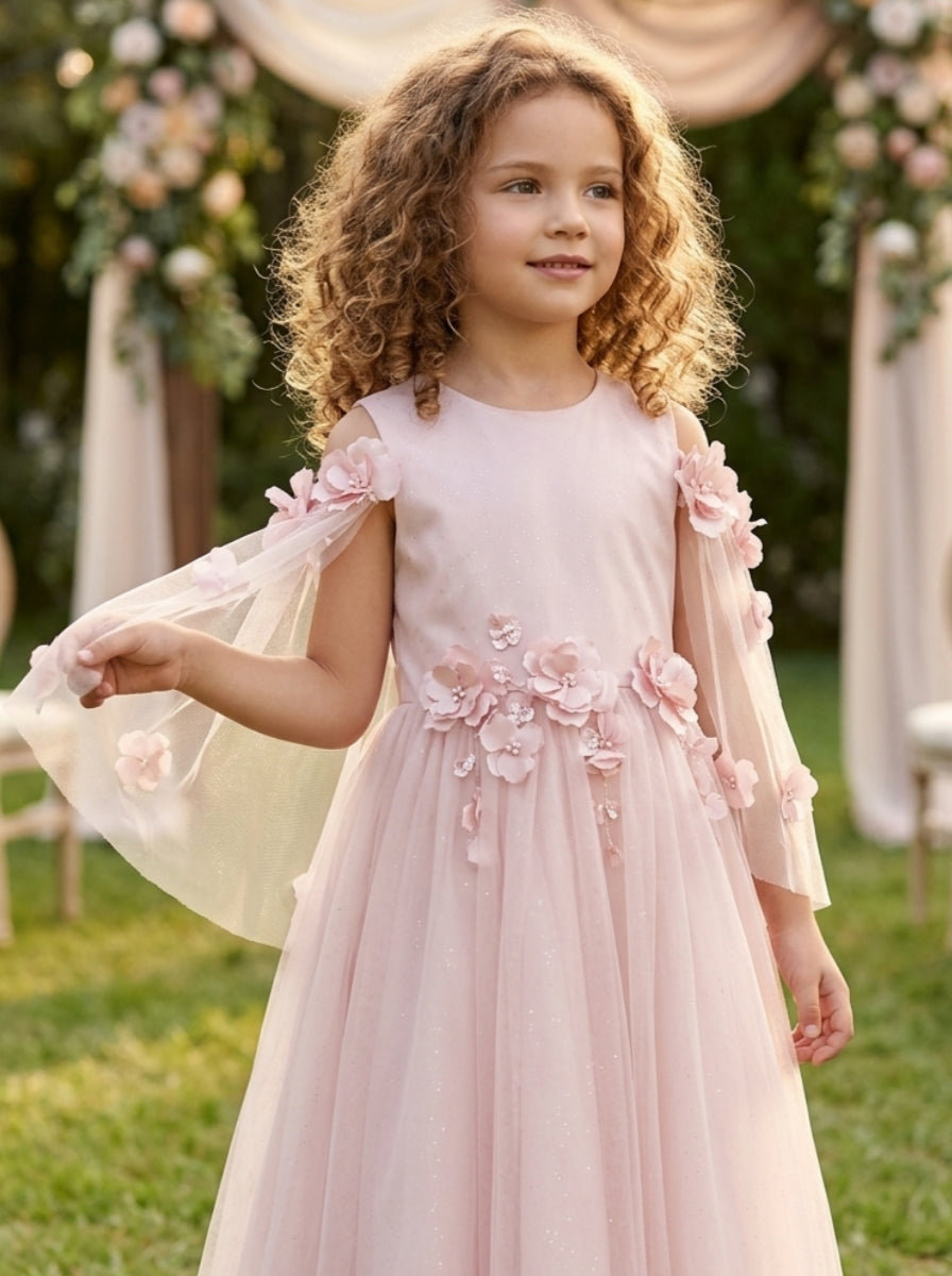 A-Line/Princess Scoop Satin Tulle Flower Girl Dresses Cape Sleeves Tea-Length With 3D Flowers Black