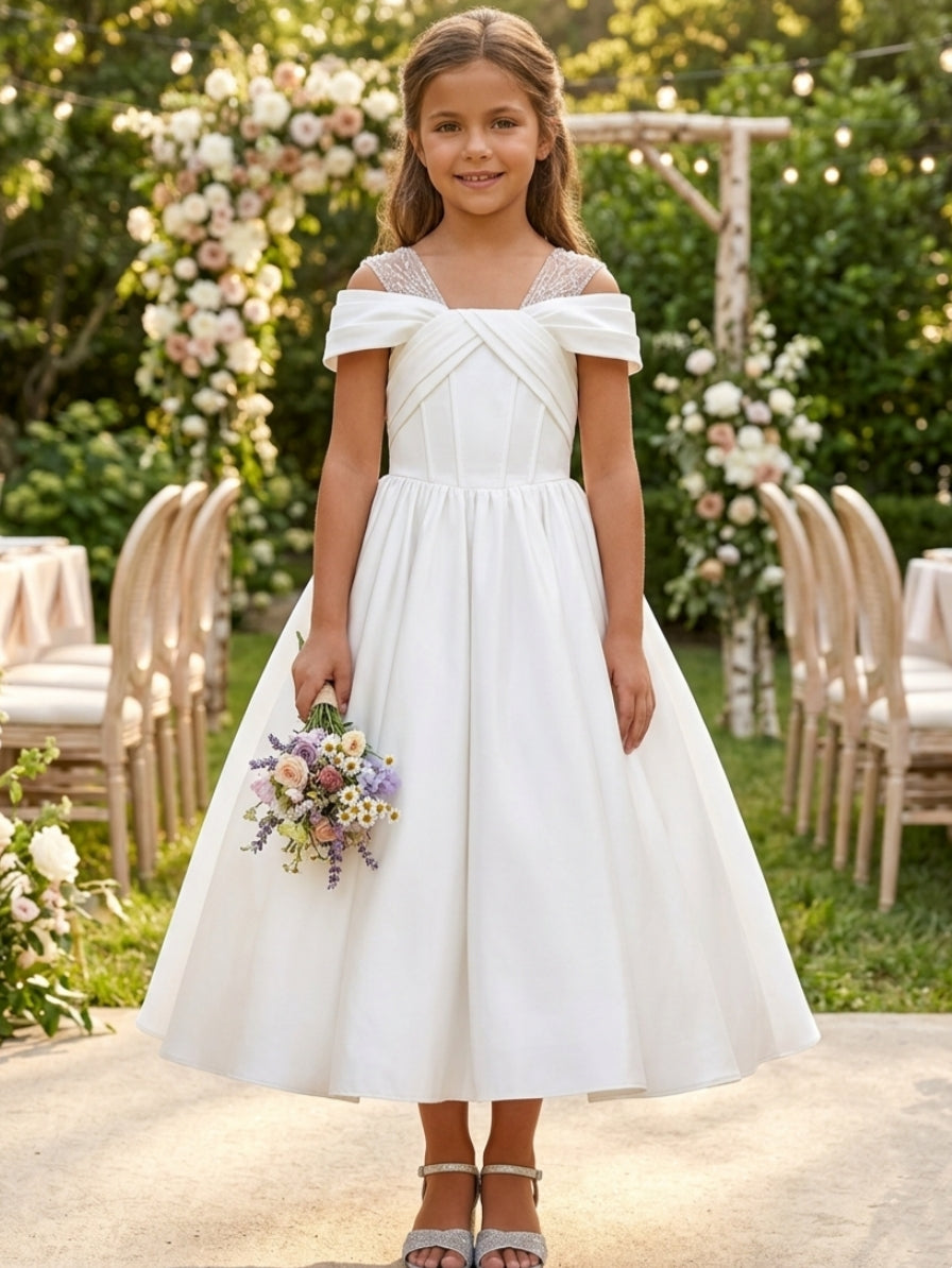 A-Line/Princess Off-the-Shoulder Satin Flower Girl Dresses Sleeveless Tea-Length Ruched White