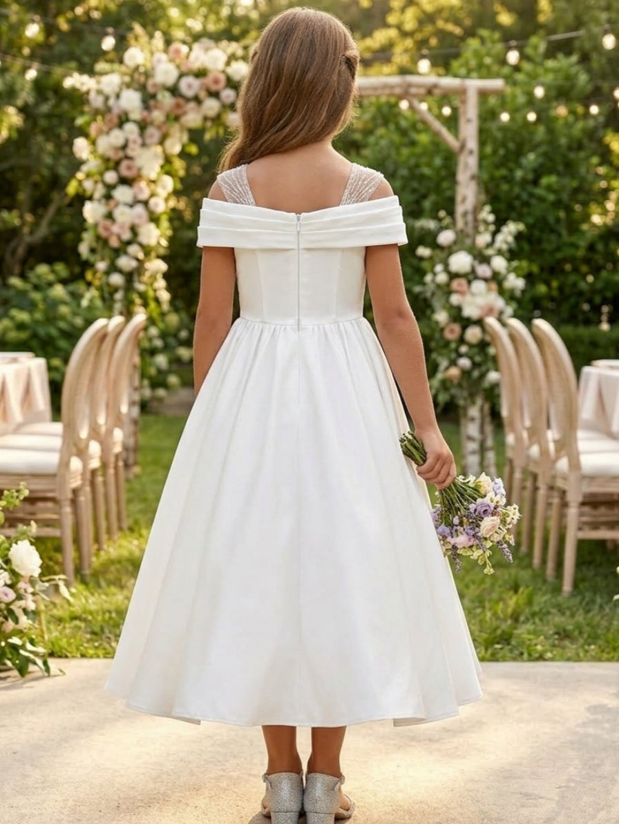 A-Line/Princess Off-the-Shoulder Satin Flower Girl Dresses Sleeveless Tea-Length Ruched Black