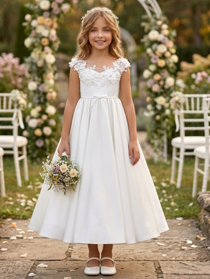 A-Line/Princess V-Neck Satin Flower Girl Dresses Sleeveless Ankle-Length With 3D Flowers White